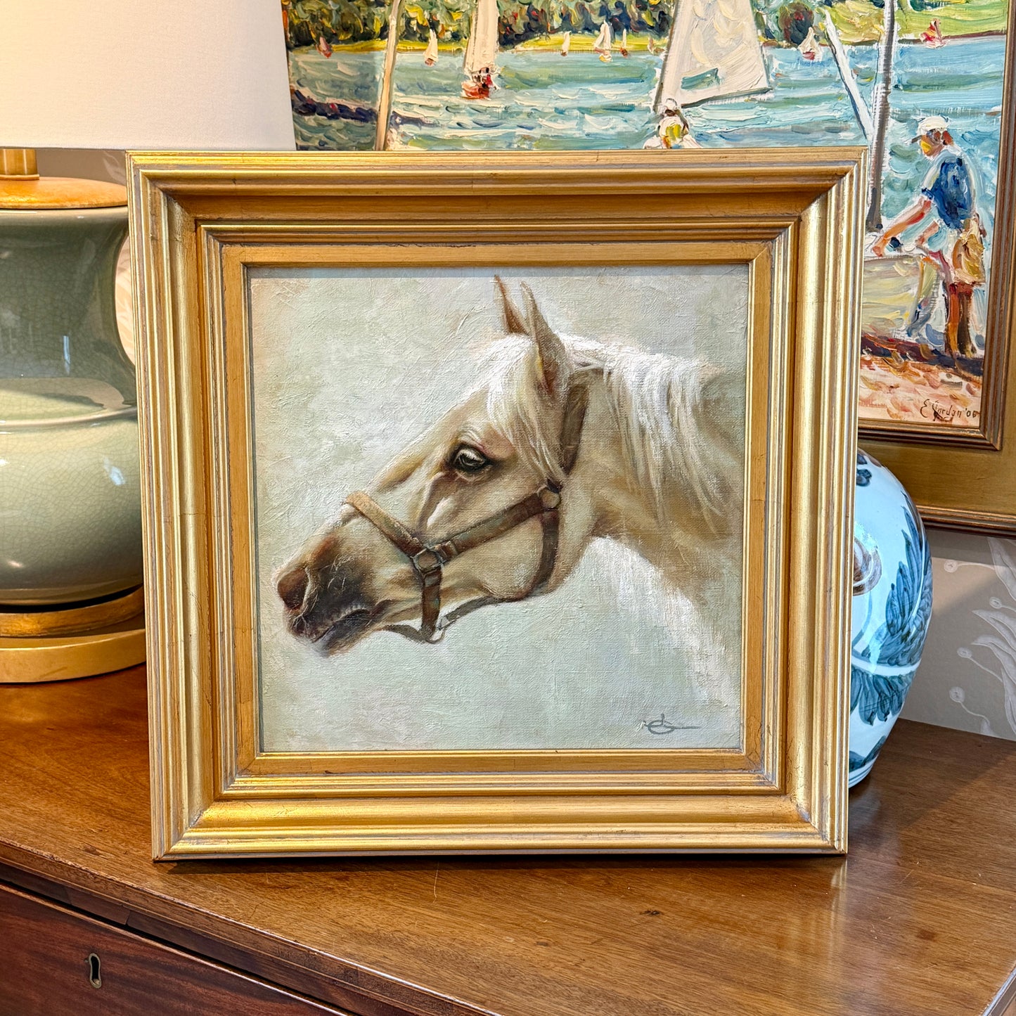 Jody Gerber Waiting for the Ride Horse Portrait Oil Painting in Gold Frame