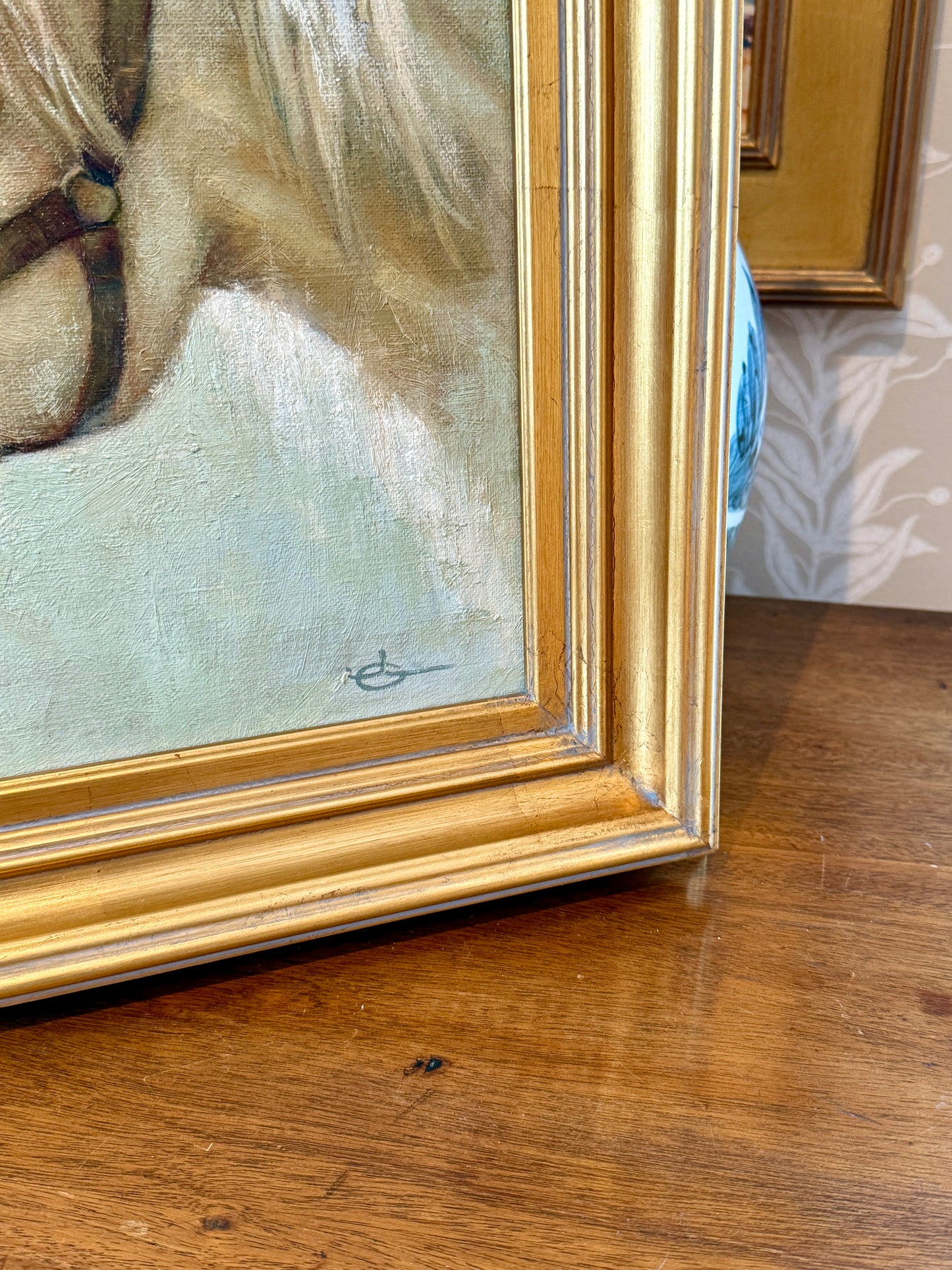 Jody Gerber Waiting for the Ride Horse Portrait Oil Painting in Gold Frame