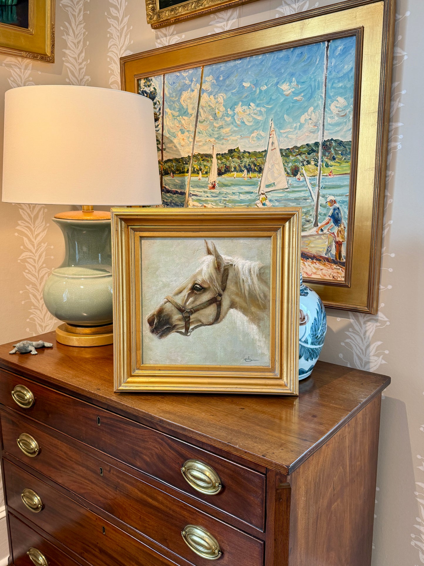 Jody Gerber Waiting for the Ride Horse Portrait Oil Painting in Gold Frame