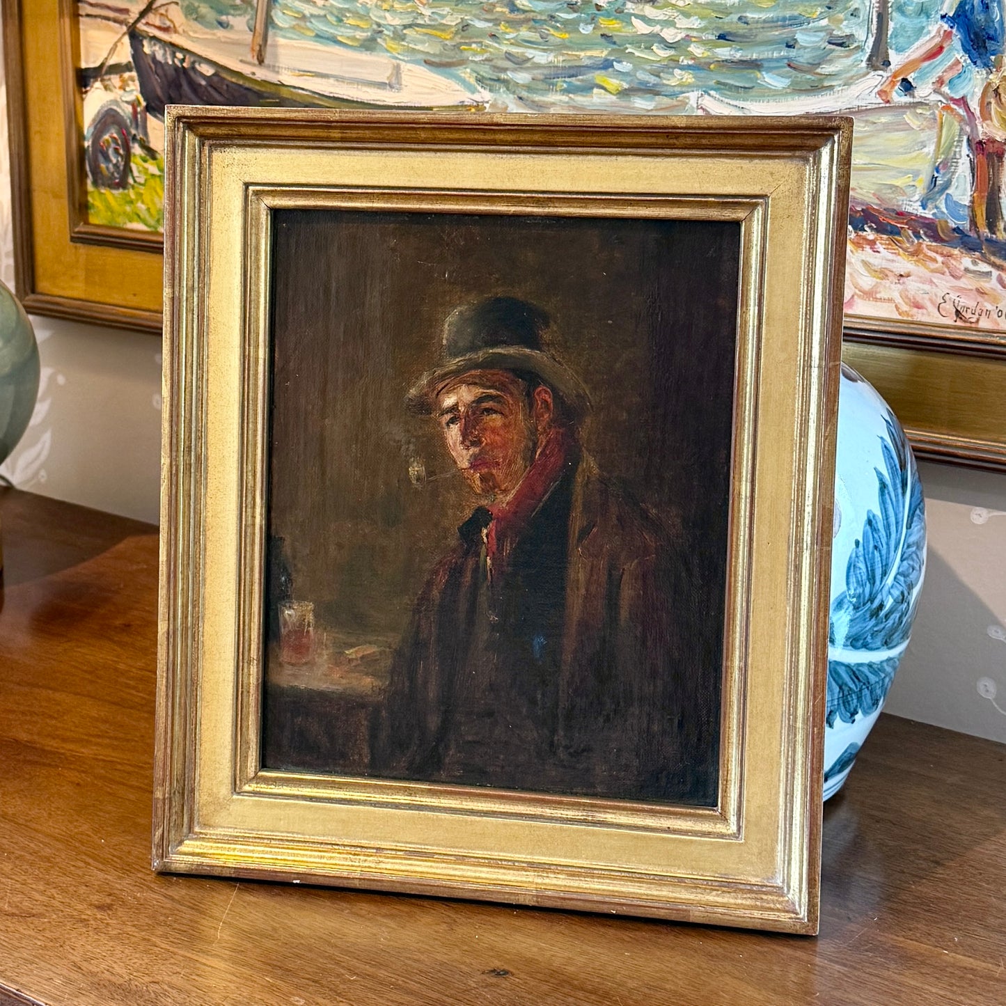 19th Century Portrait of a Man Smoking a Pipe Oil Painting in Gold Frame