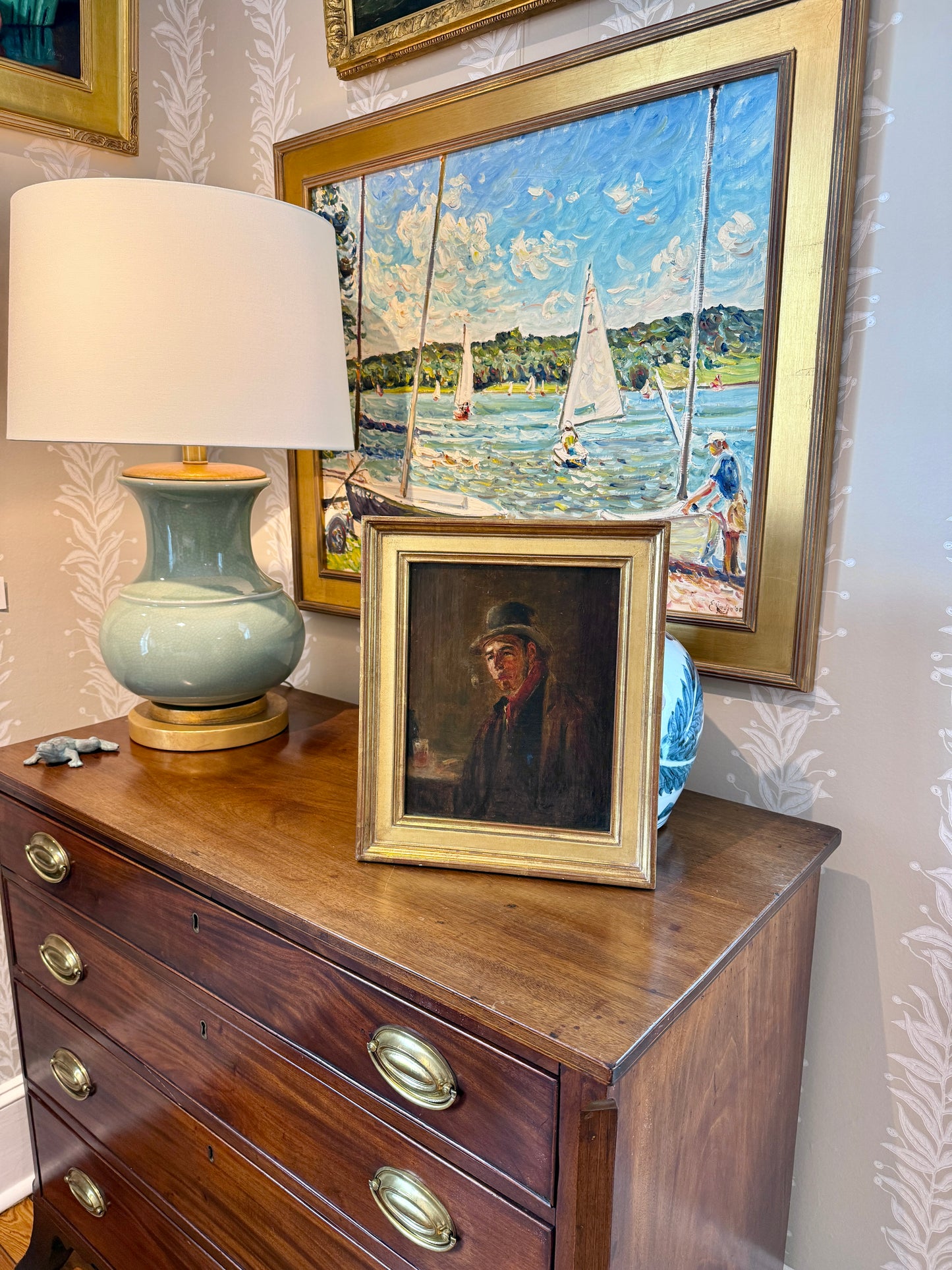 19th Century Portrait of a Man Smoking a Pipe Oil Painting in Gold Frame