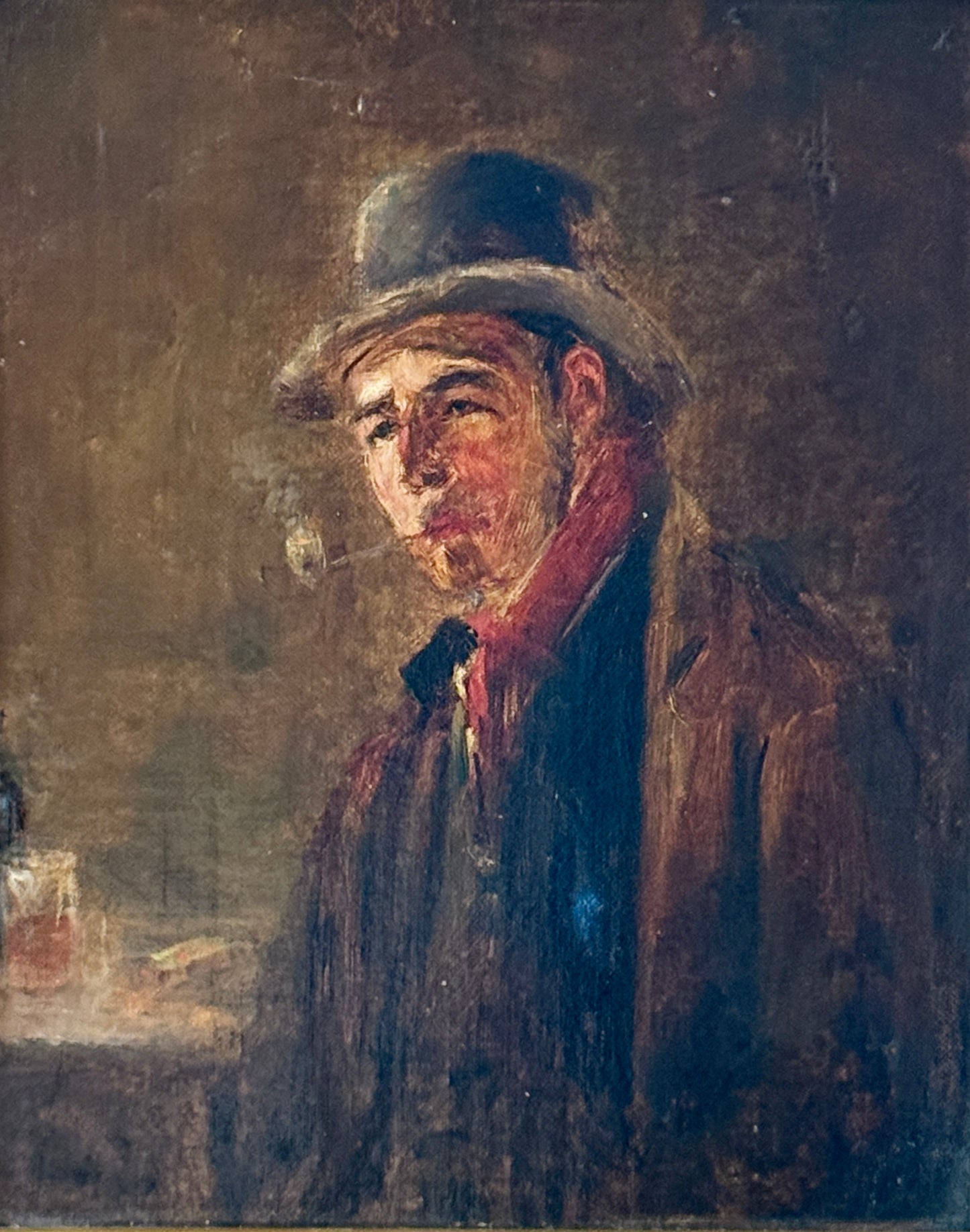 19th Century Portrait of a Man Smoking a Pipe Oil Painting in Gold Frame