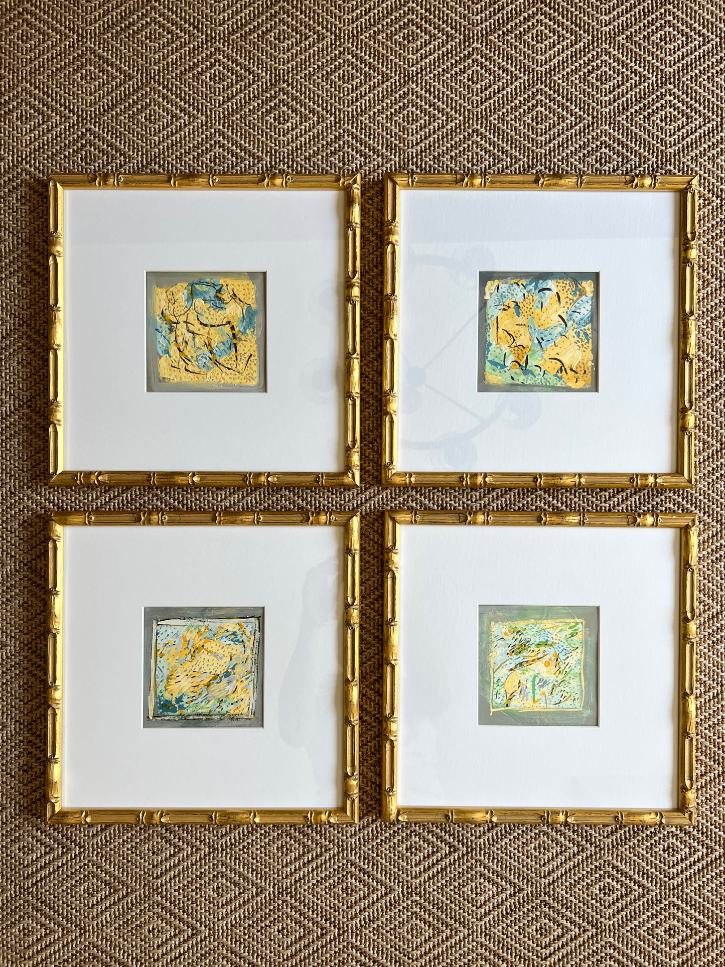 Vintage Colorful Abstract Oil Painting #3 in Light Gold Bamboo Frame
