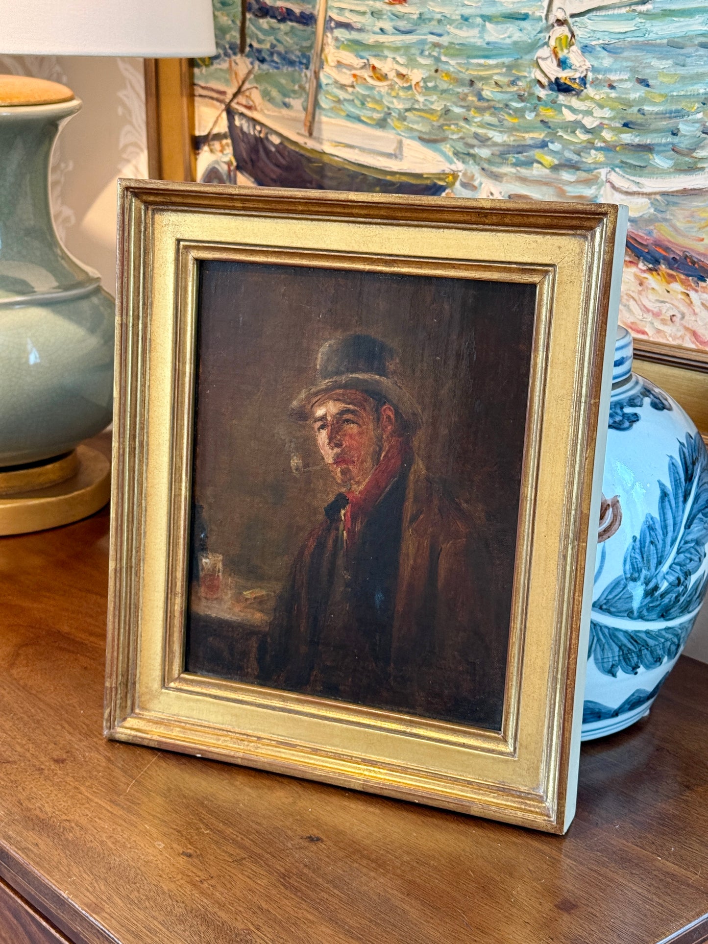 19th Century Portrait of a Man Smoking a Pipe Oil Painting in Gold Frame