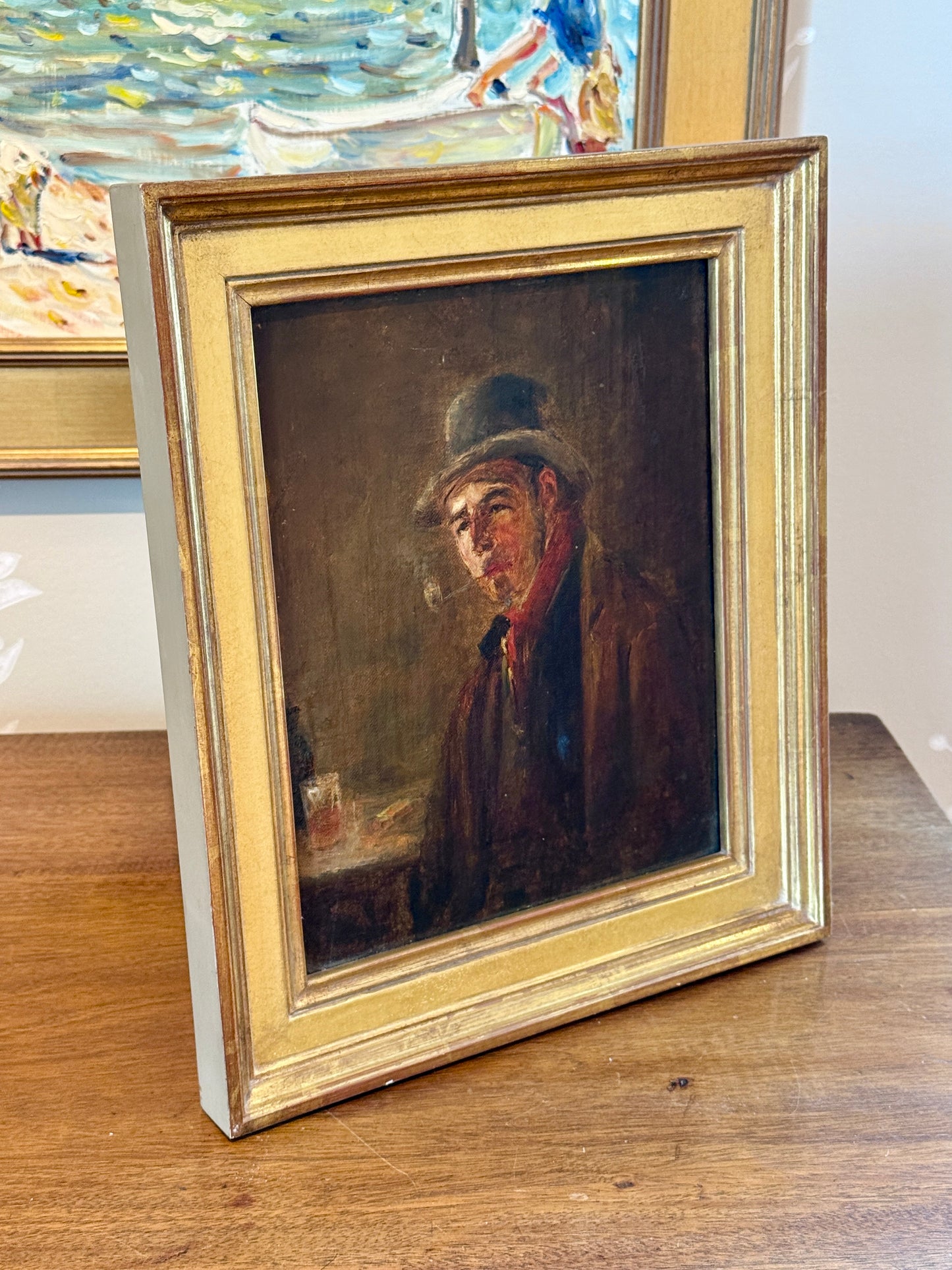 19th Century Portrait of a Man Smoking a Pipe Oil Painting in Gold Frame