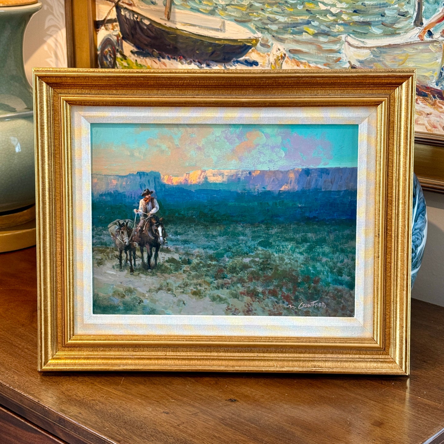 Mel Crawford Arizona Evening Cowboy Western Landscape Painting in Gold Frame