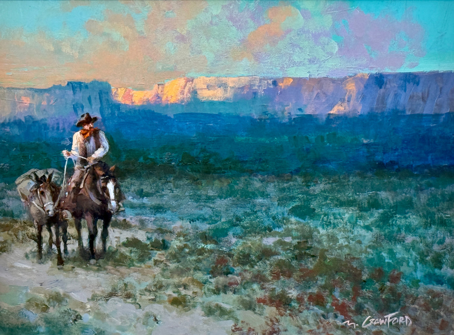 Mel Crawford Arizona Evening Cowboy Western Landscape Painting in Gold Frame