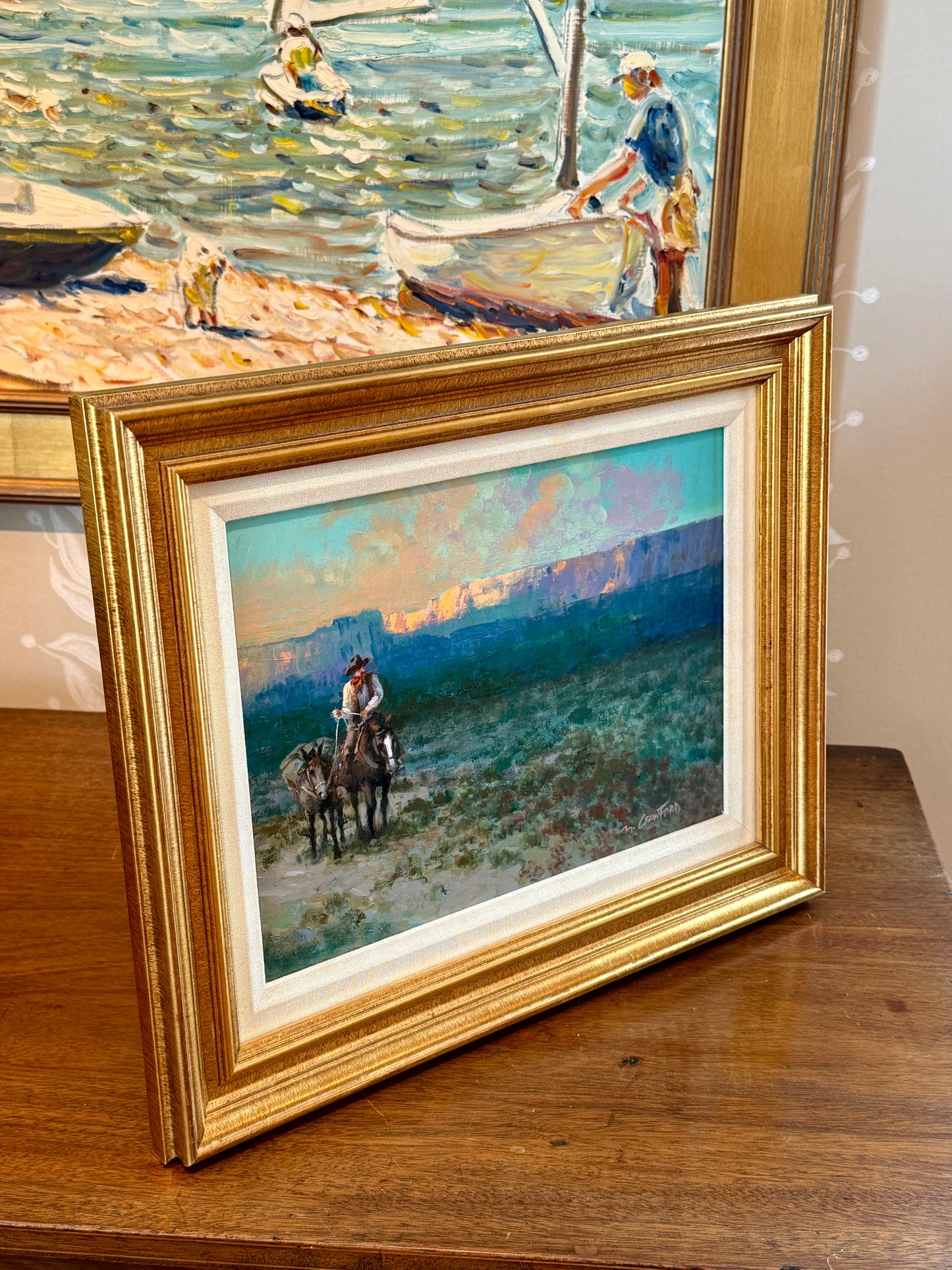 Mel Crawford Arizona Evening Cowboy Western Landscape Painting in Gold Frame