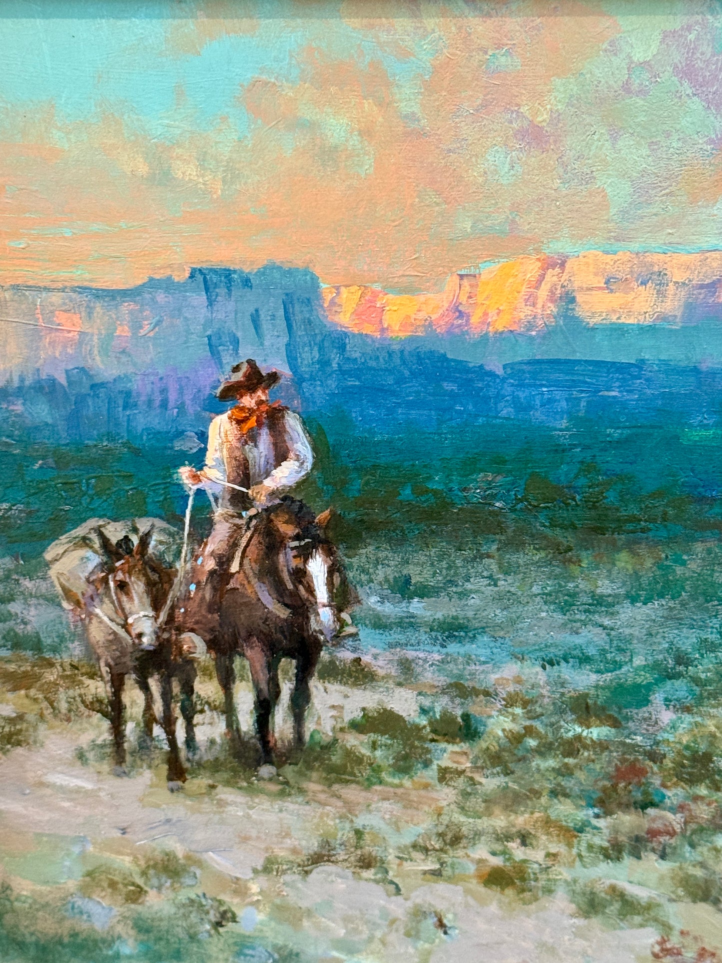 Mel Crawford Arizona Evening Cowboy Western Landscape Painting in Gold Frame