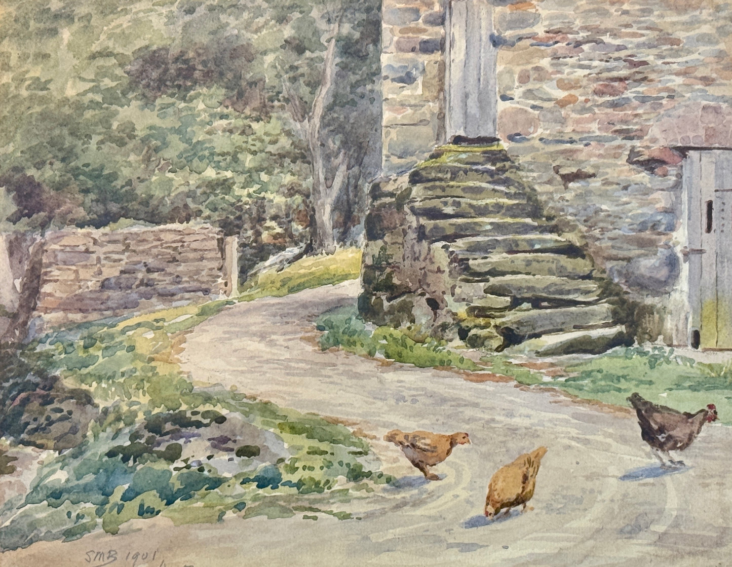 1901 Chickens by Old Stone Barn Watercolor Painting in Antique Gold Wood Frame