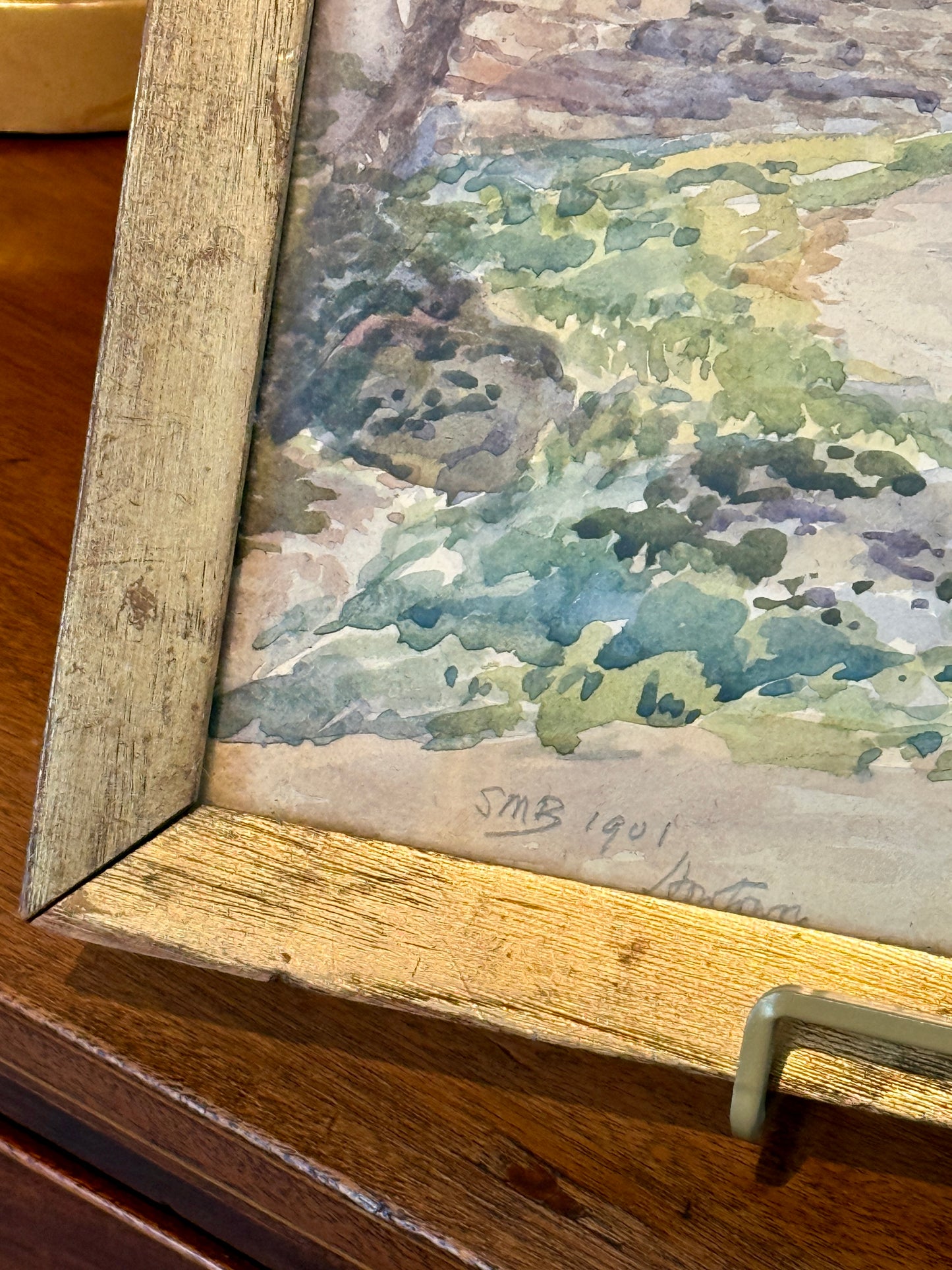 1901 Chickens by Old Stone Barn Watercolor Painting in Antique Gold Wood Frame