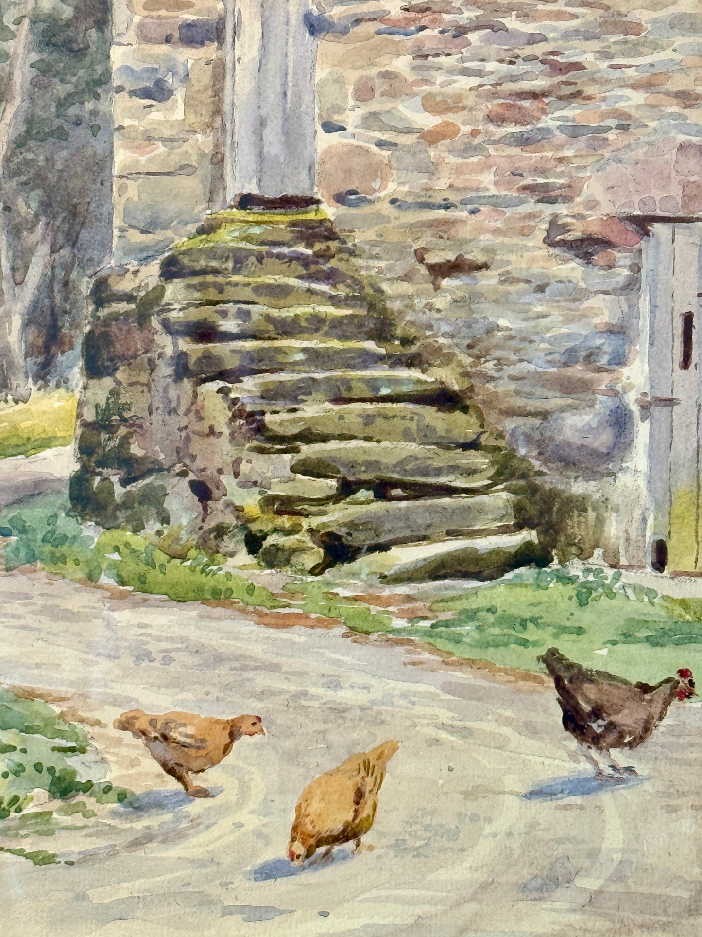 1901 Chickens by Old Stone Barn Watercolor Painting in Antique Gold Wood Frame