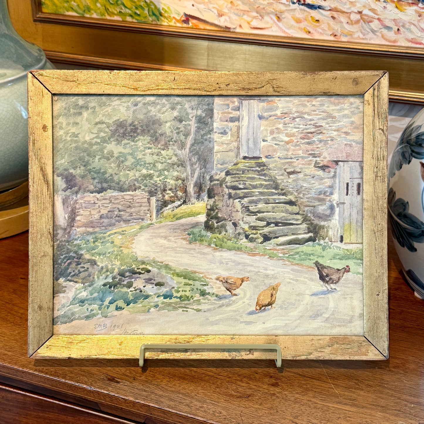 1901 Chickens by Old Stone Barn Watercolor Painting in Antique Gold Wood Frame