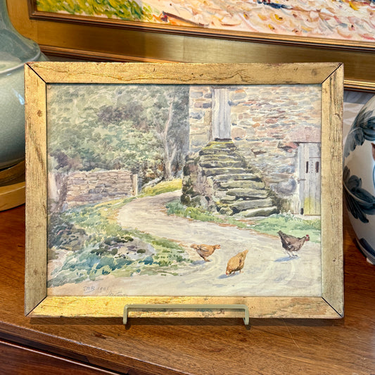 1901 Chickens by Old Stone Barn Watercolor Painting in Antique Gold Wood Frame