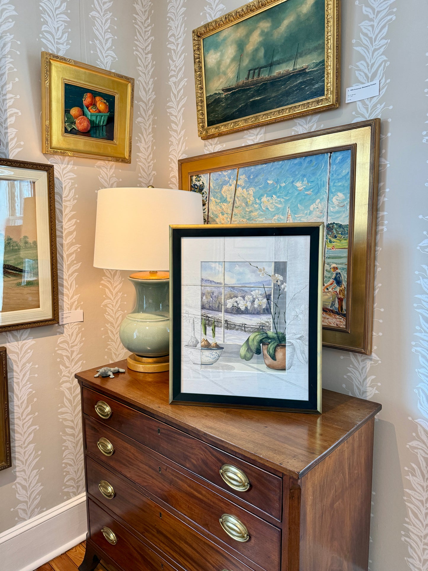 Catherine Stettinius Zimmerman Orchids and Paperwhites Still Life Watercolor Painting in Gold and Black Frame