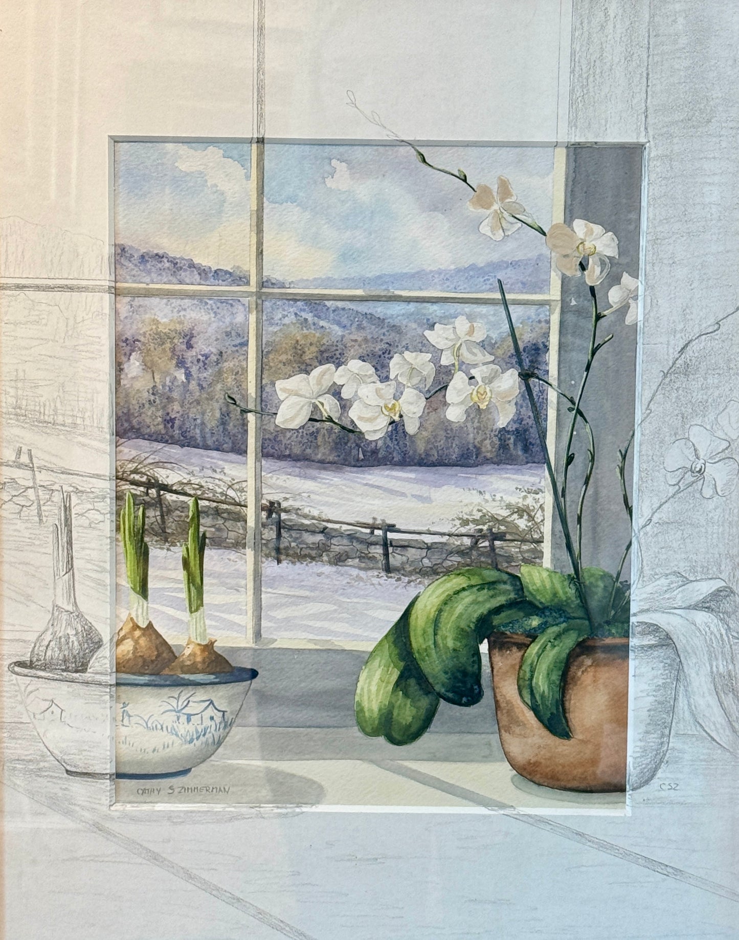 Catherine Stettinius Zimmerman Orchids and Paperwhites Still Life Watercolor Painting in Gold and Black Frame