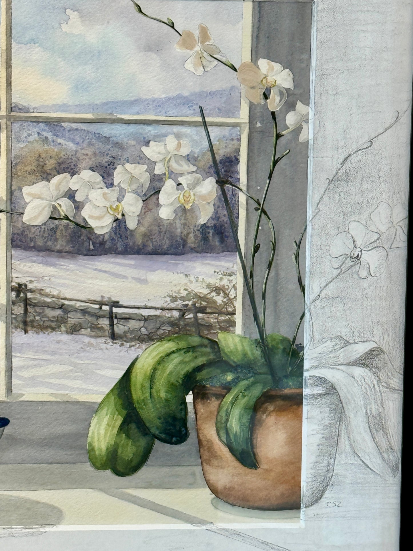 Catherine Stettinius Zimmerman Orchids and Paperwhites Still Life Watercolor Painting in Gold and Black Frame