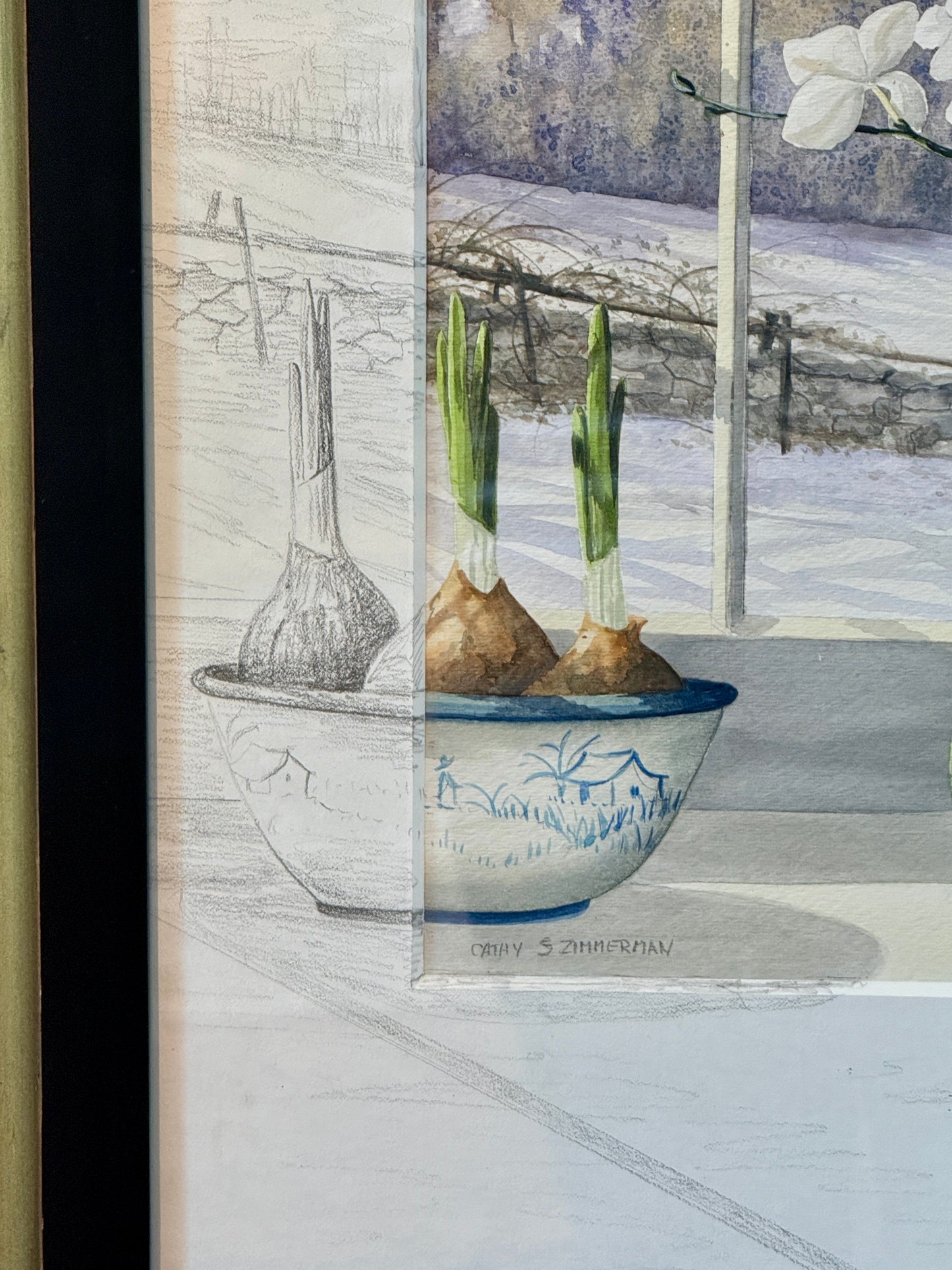 Catherine Stettinius Zimmerman Orchids and Paperwhites Still Life Watercolor Painting in Gold and Black Frame