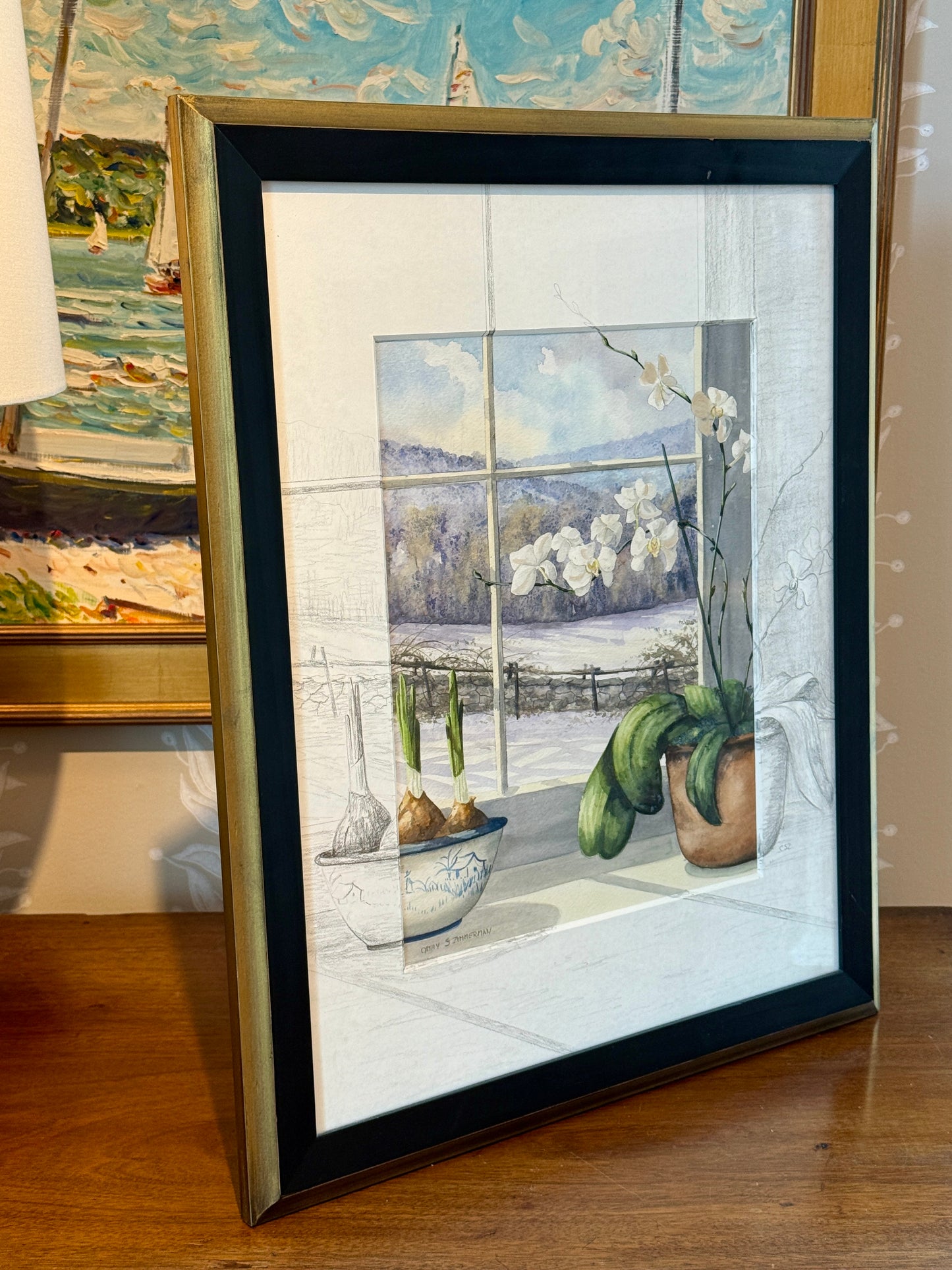 Catherine Stettinius Zimmerman Orchids and Paperwhites Still Life Watercolor Painting in Gold and Black Frame