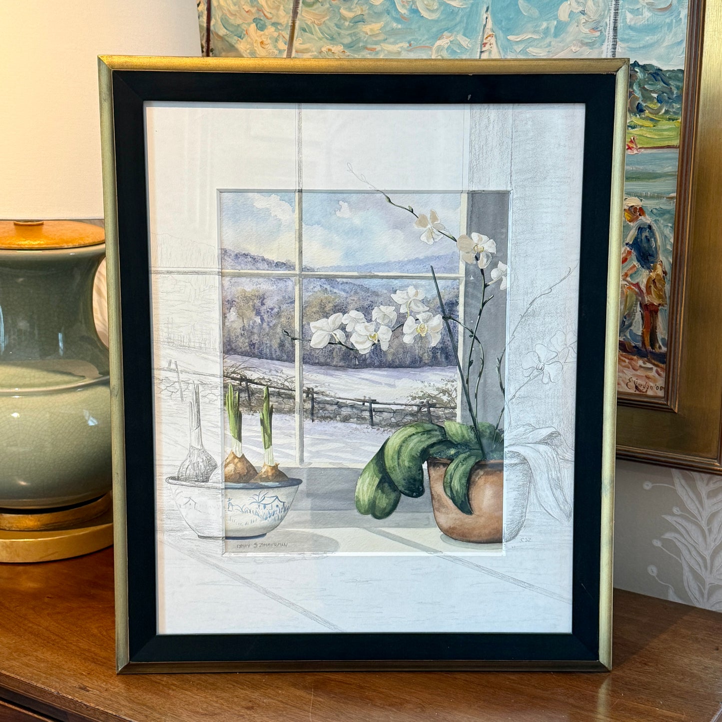 Catherine Stettinius Zimmerman Orchids and Paperwhites Still Life Watercolor Painting in Gold and Black Frame