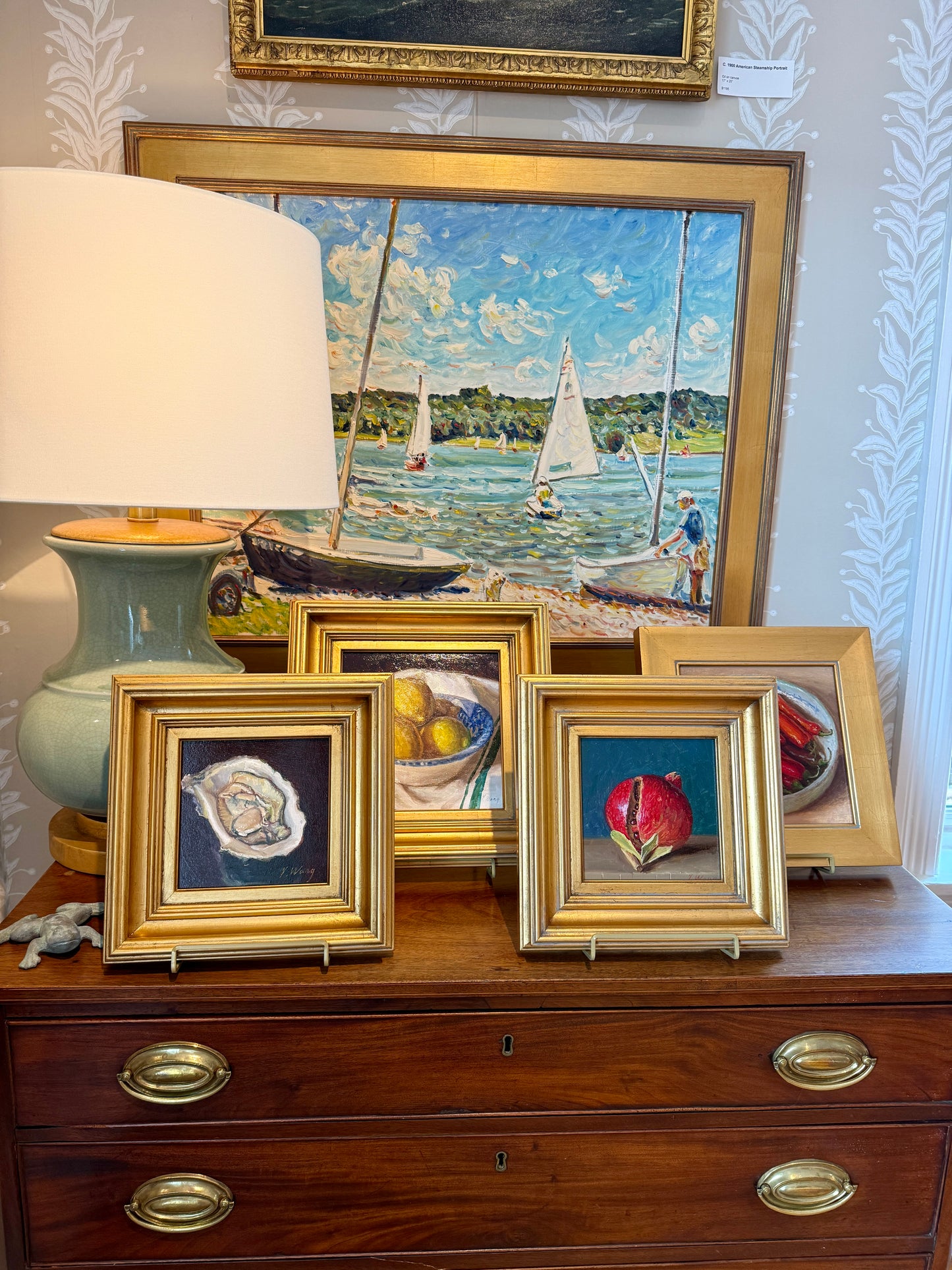 Youqing Wang Chili Peppers in Blue and White Bowl Still Life Oil Painting in Gold Frame