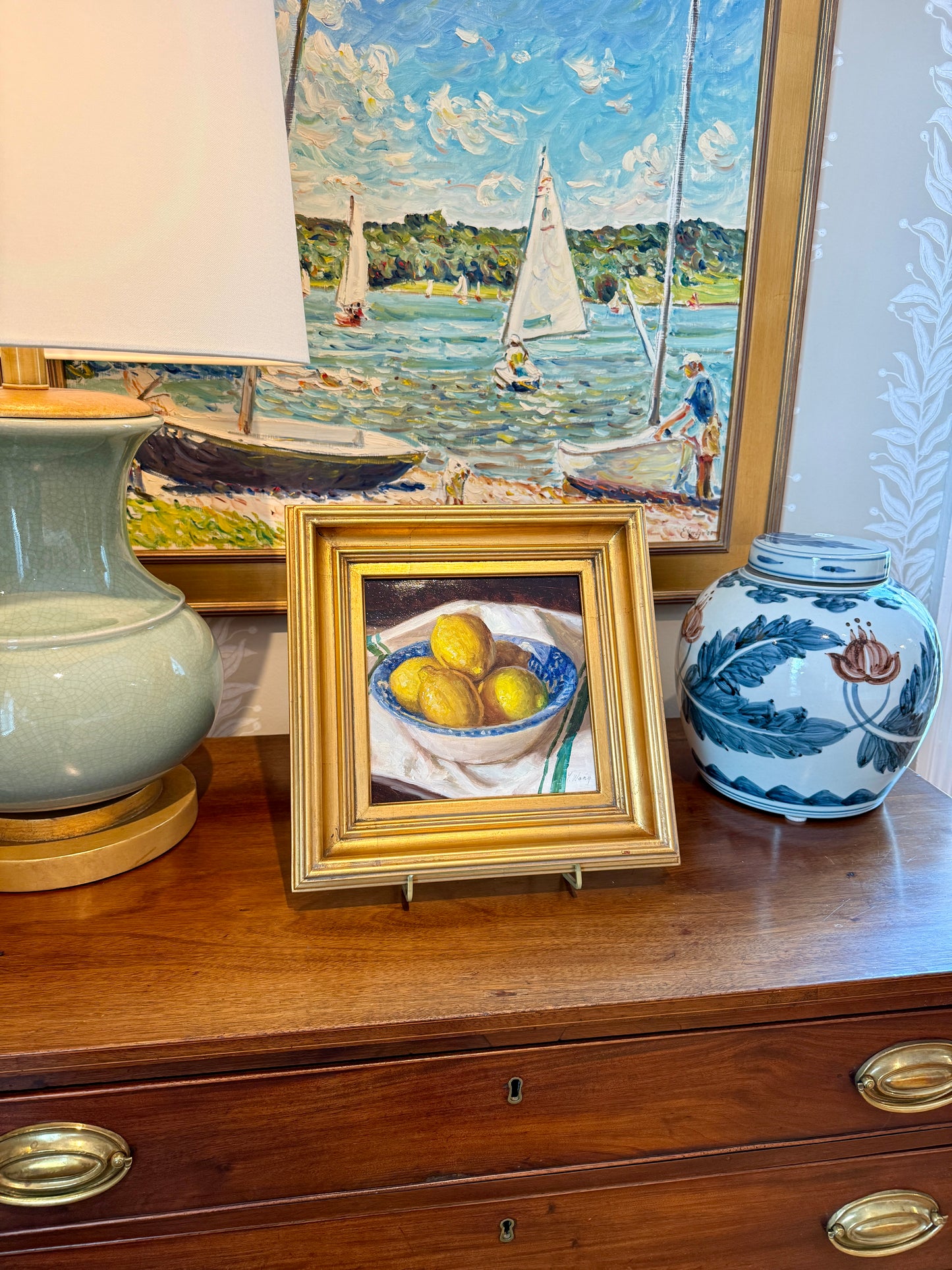 Youqing Wang Lemons in Blue and White Splatter Bowl Oil Painting in Gold Frame
