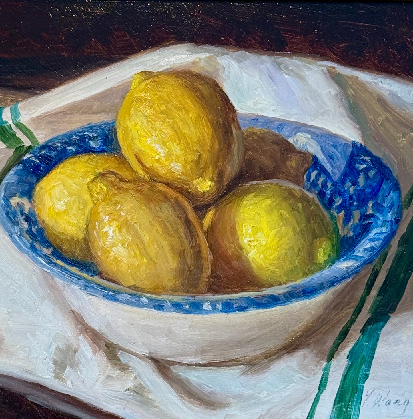 Youqing Wang Lemons in Blue and White Splatter Bowl Oil Painting in Gold Frame