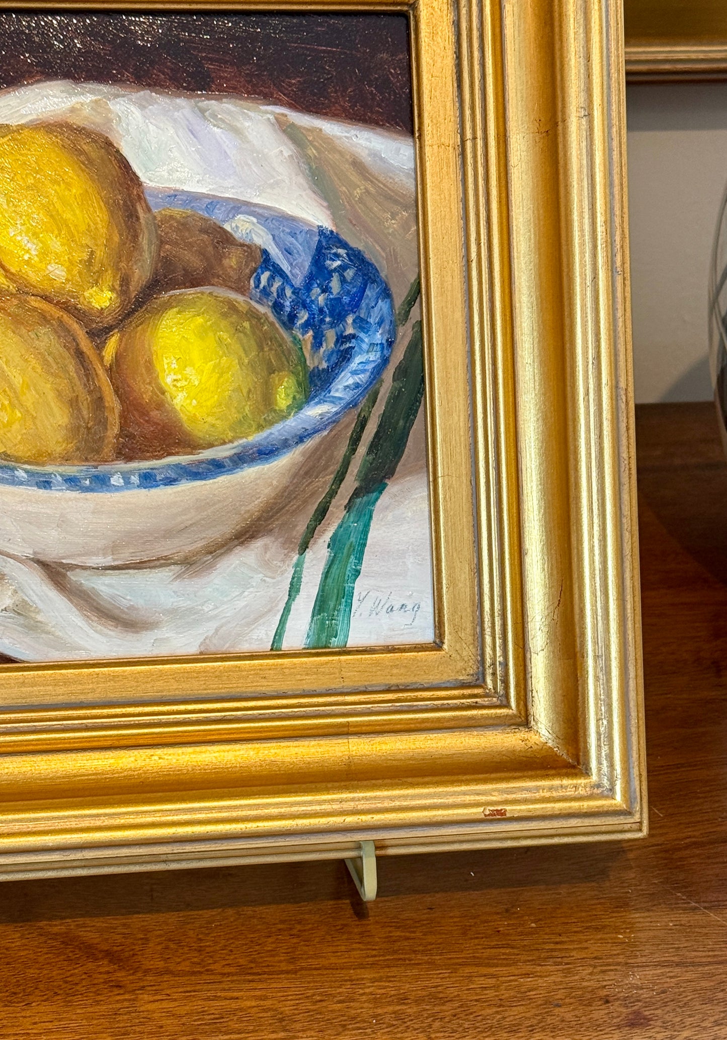 Youqing Wang Lemons in Blue and White Splatter Bowl Oil Painting in Gold Frame
