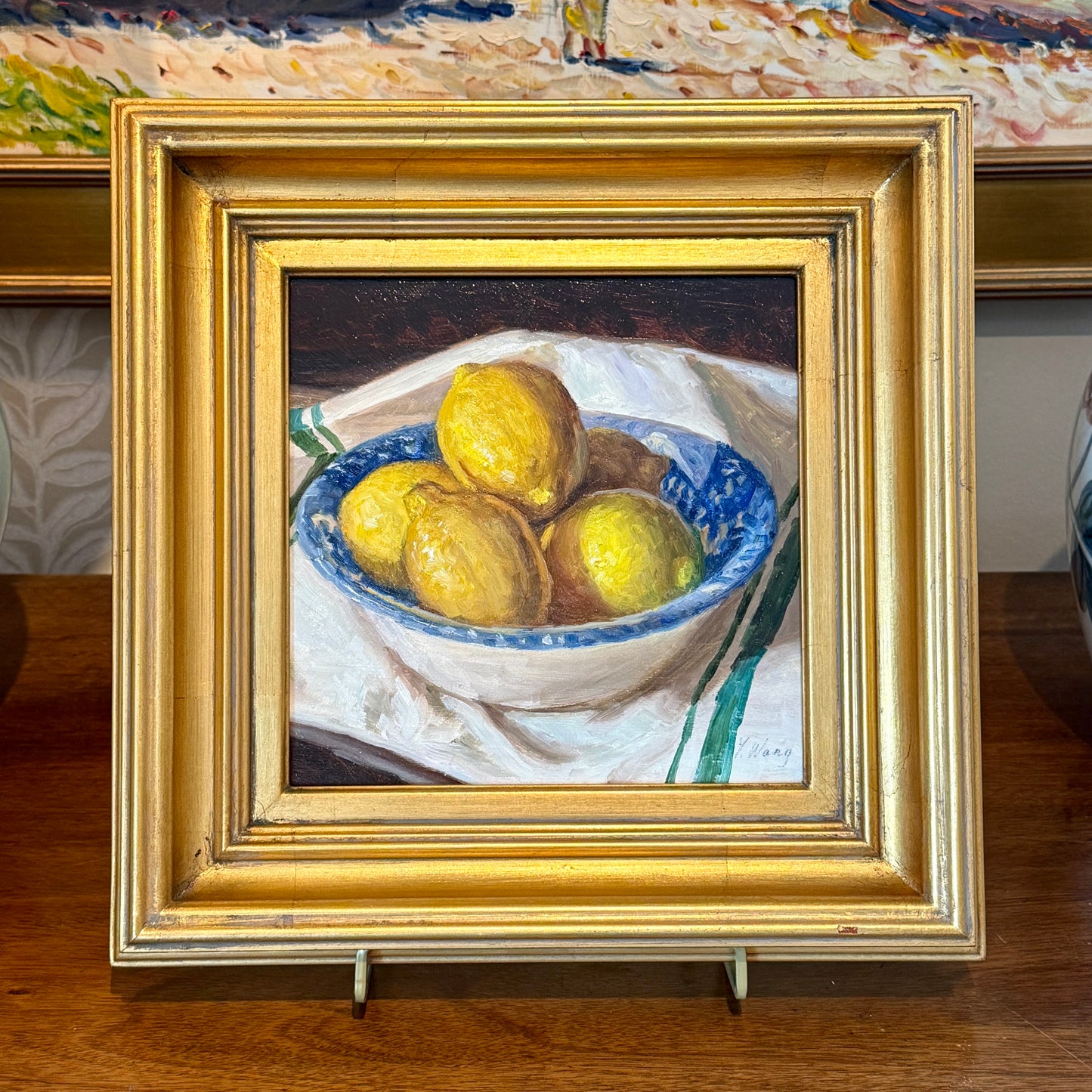 Youqing Wang Lemons in Blue and White Splatter Bowl Oil Painting in Gold Frame