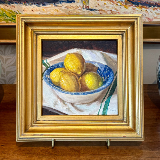 Youqing Wang Lemons in Blue and White Splatter Bowl Oil Painting in Gold Frame