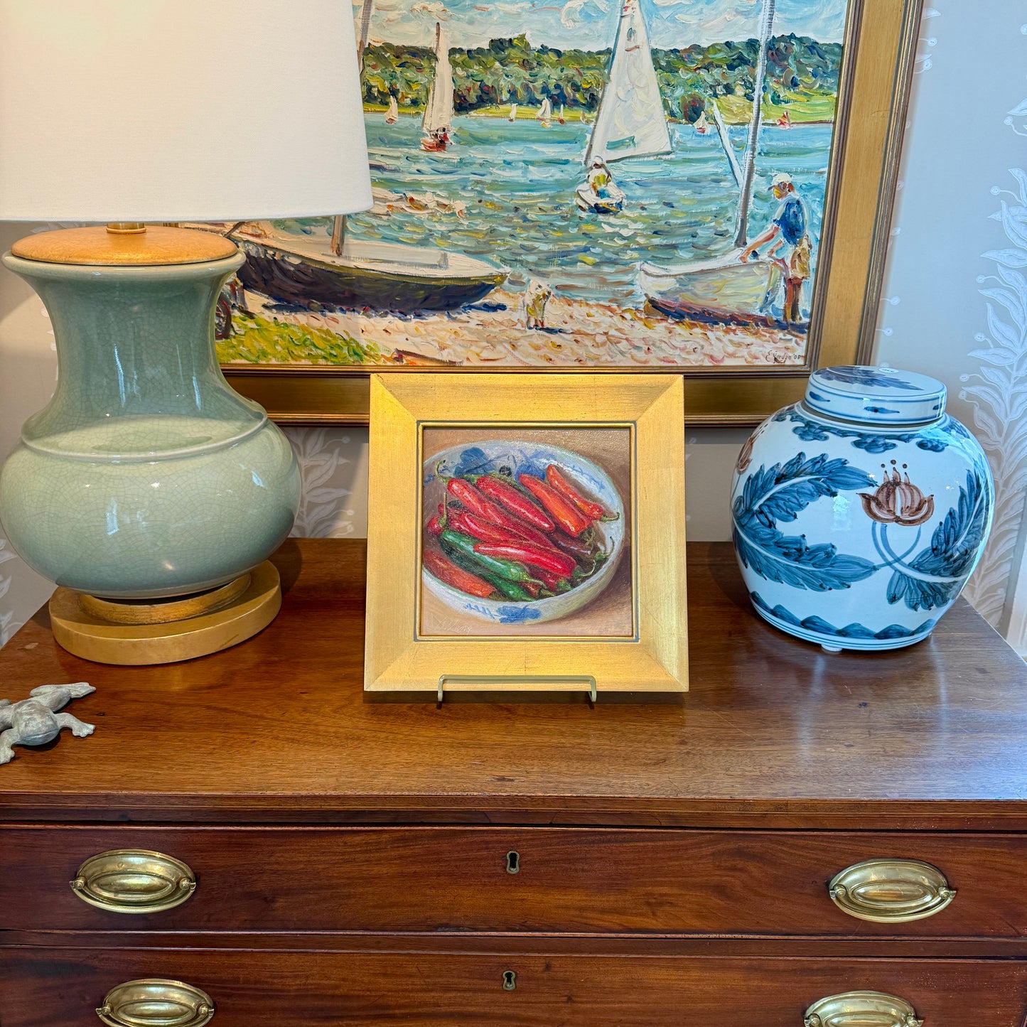 Youqing Wang Chili Peppers in Blue and White Bowl Still Life Oil Painting in Gold Frame