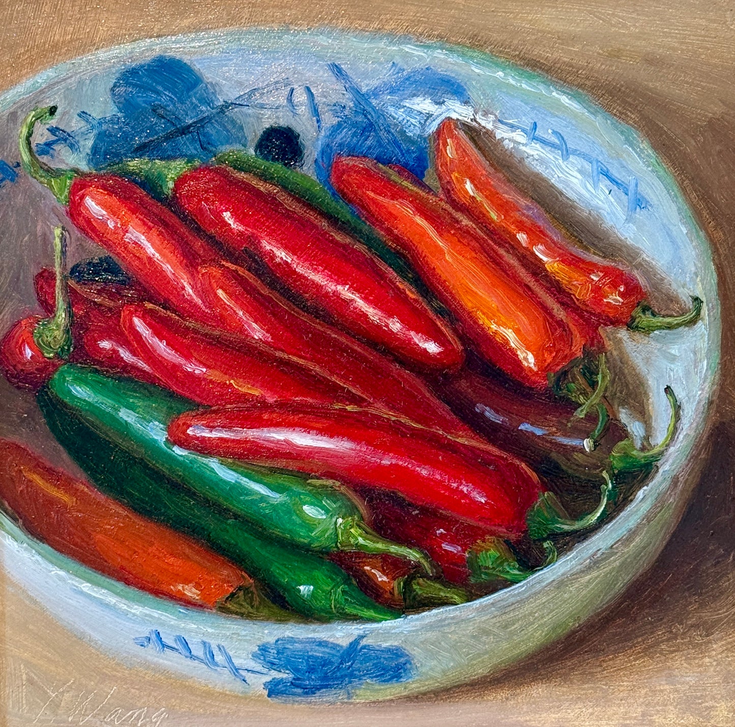 Youqing Wang Chili Peppers in Blue and White Bowl Still Life Oil Painting in Gold Frame