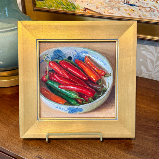 Youqing Wang Chili Peppers in Blue and White Bowl Still Life Oil Painting in Gold Frame