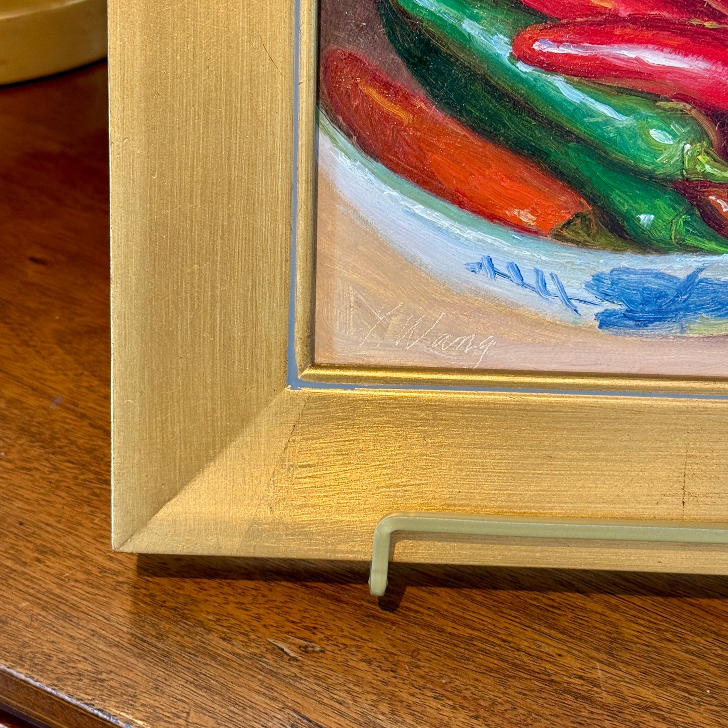 Youqing Wang Chili Peppers in Blue and White Bowl Still Life Oil Painting in Gold Frame