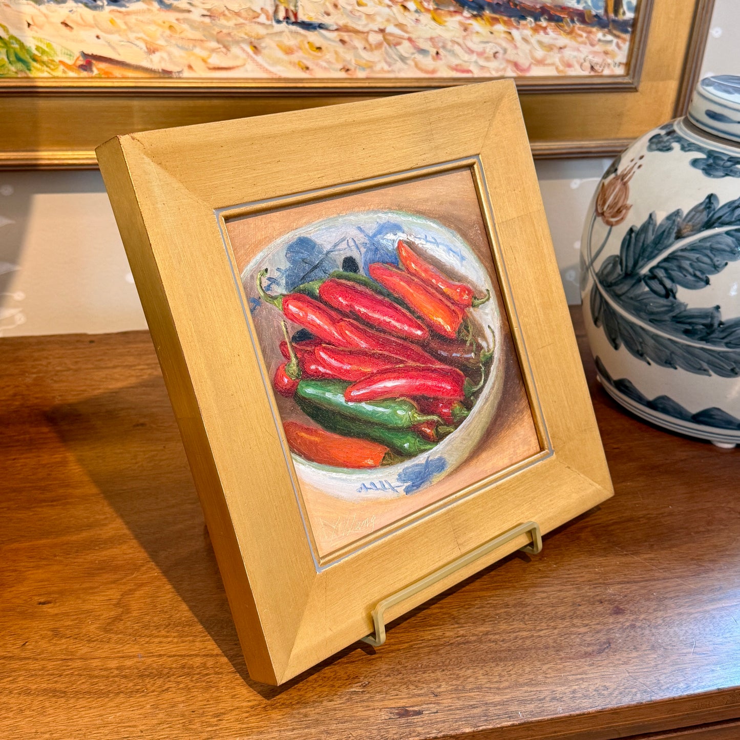 Youqing Wang Chili Peppers in Blue and White Bowl Still Life Oil Painting in Gold Frame
