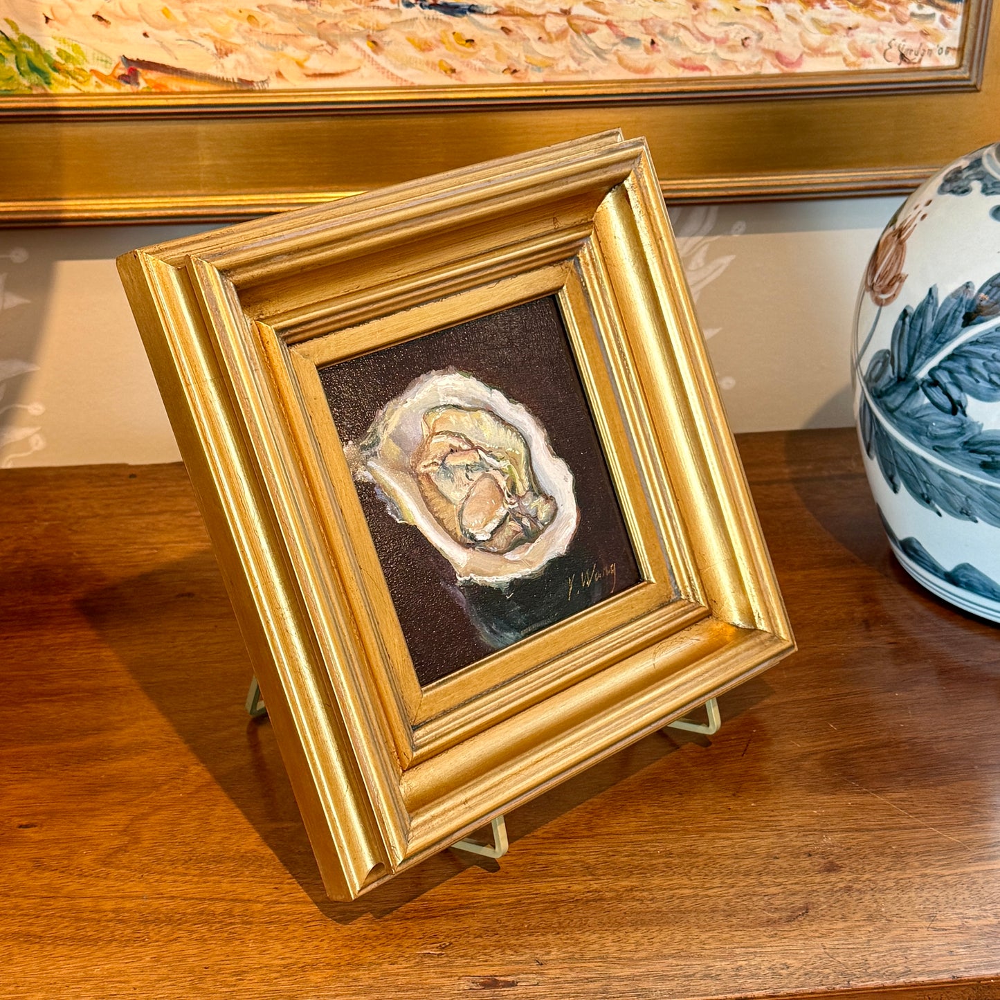 Youqing Wang Shucked Oyster Still Life Oil Painting in Gold Frame