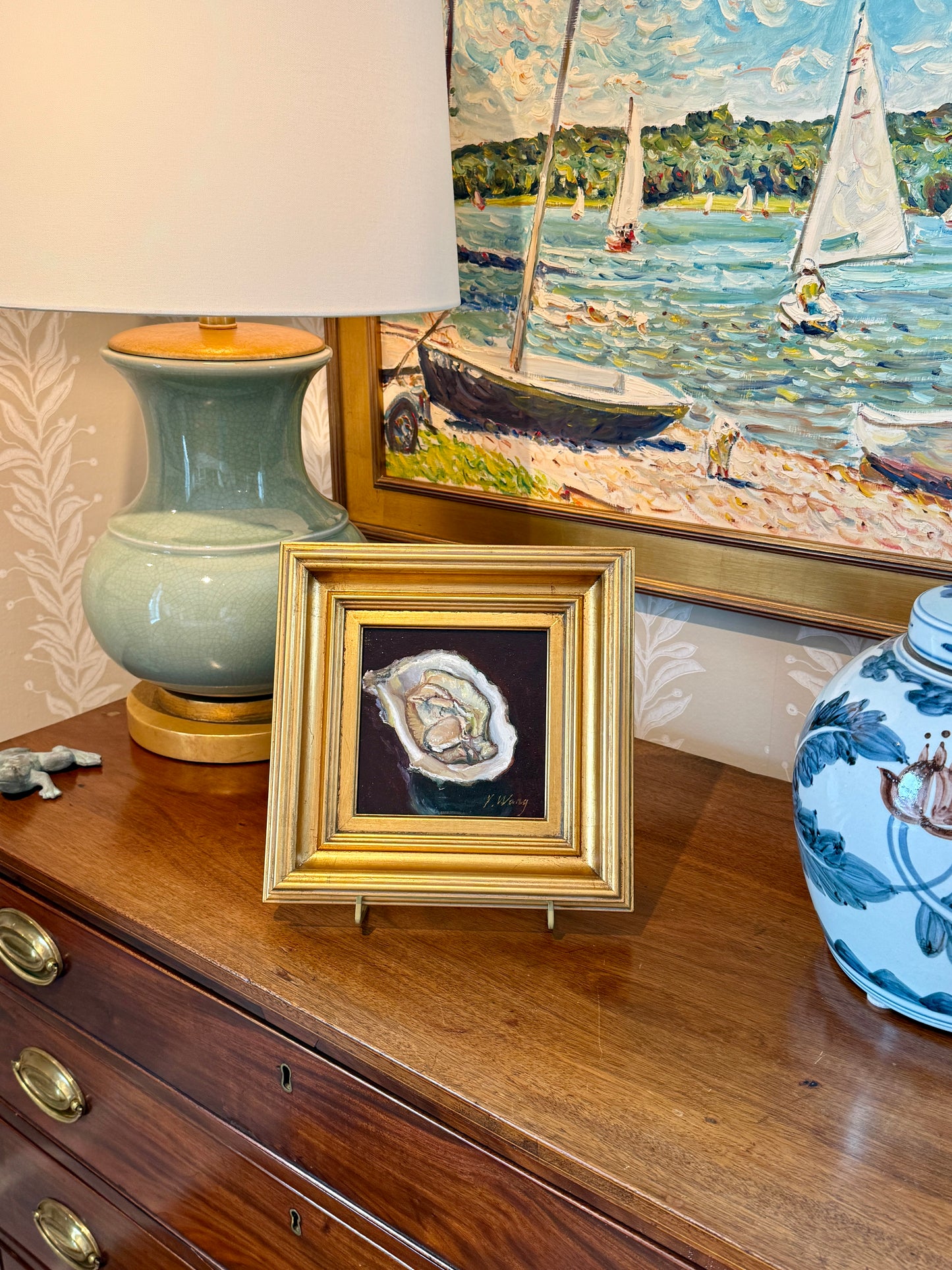 Youqing Wang Shucked Oyster Still Life Oil Painting in Gold Frame