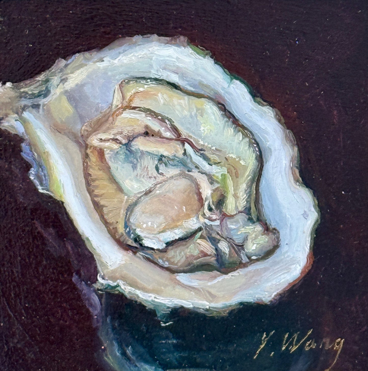 Youqing Wang Shucked Oyster Still Life Oil Painting in Gold Frame