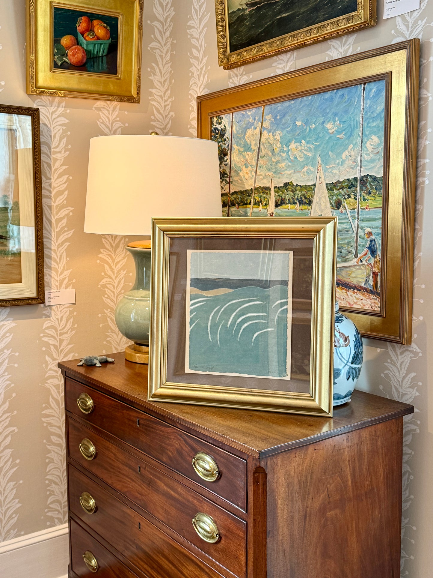 Richard Kemble Wind Swept Nantucket Coast Woodcut in Gold Frame