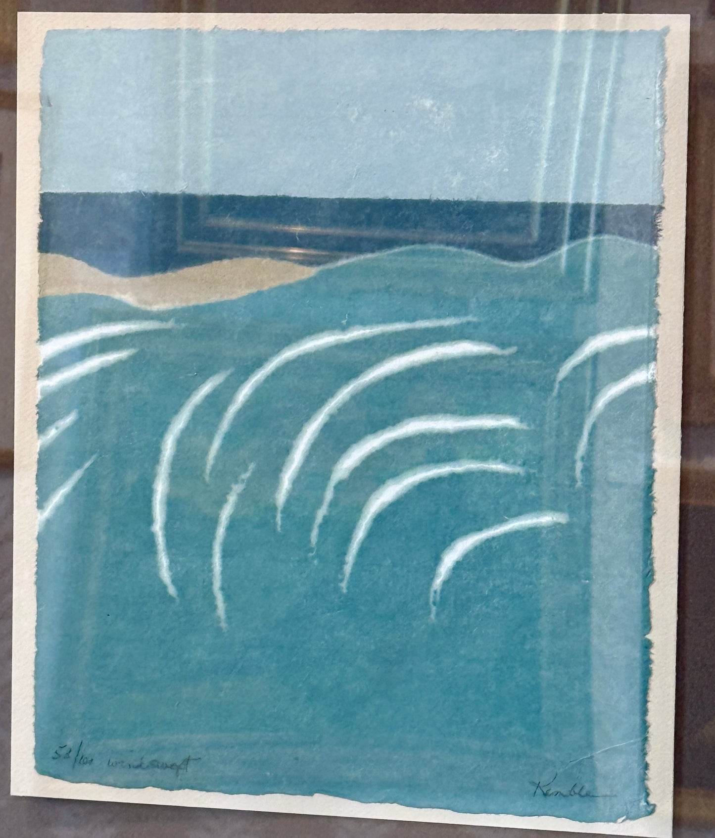Richard Kemble Wind Swept Nantucket Coast Woodcut in Gold Frame