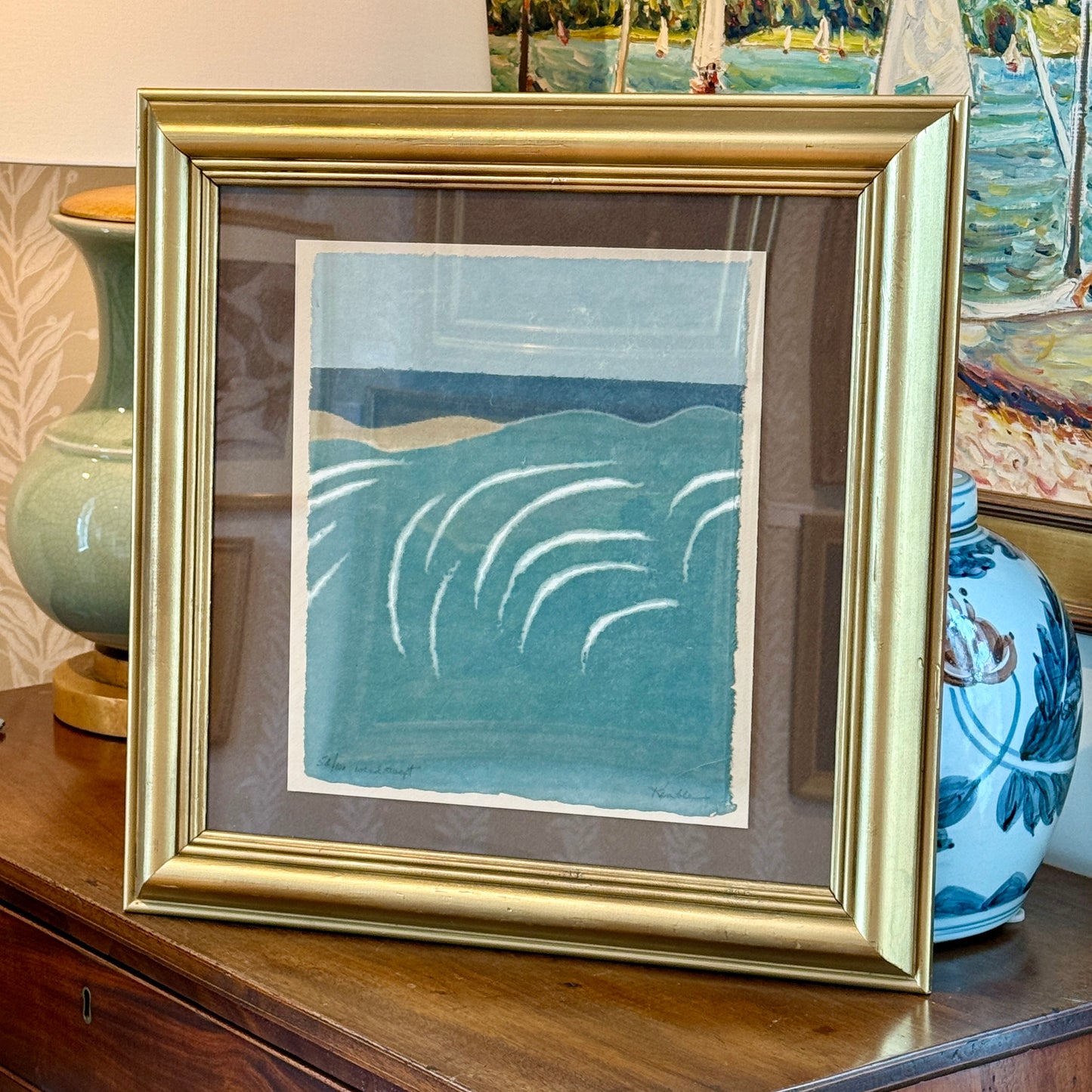 Richard Kemble Wind Swept Nantucket Coast Woodcut in Gold Frame