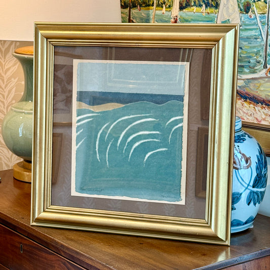 Richard Kemble Wind Swept Nantucket Coast Woodcut in Gold Frame