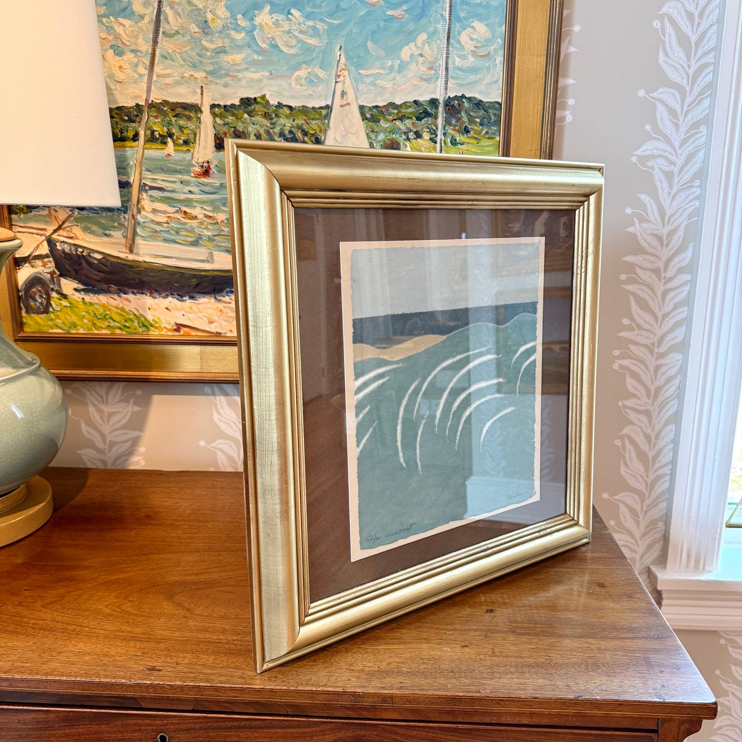 Richard Kemble Wind Swept Nantucket Coast Woodcut in Gold Frame