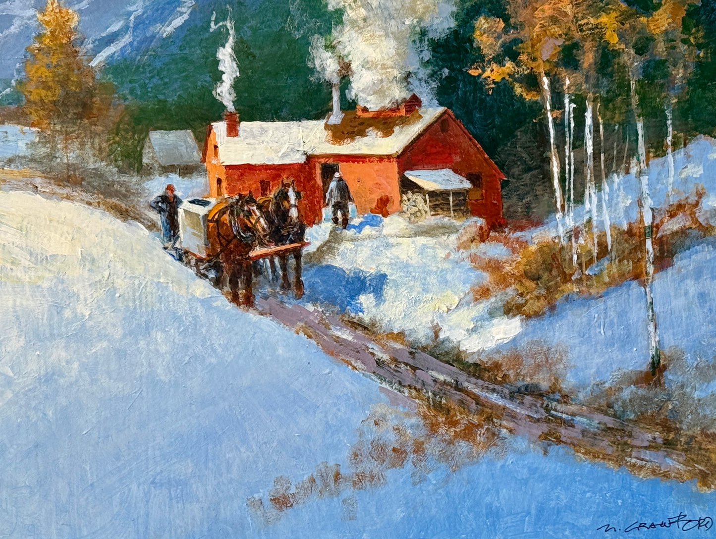 Mel Crawford The Little Red Sugar House Horse Drawn Sled Painting in Gold Frame