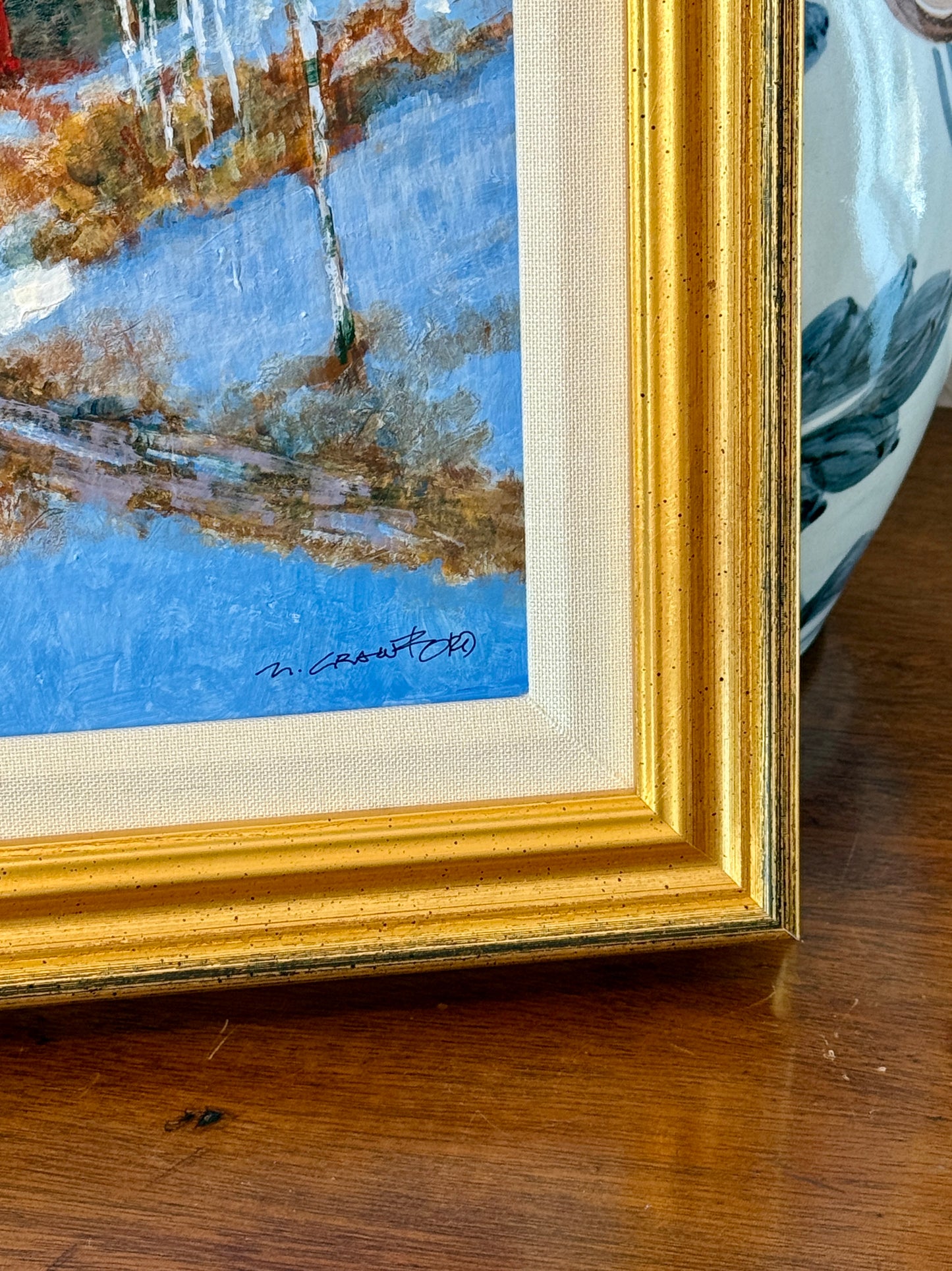 Mel Crawford The Little Red Sugar House Horse Drawn Sled Painting in Gold Frame