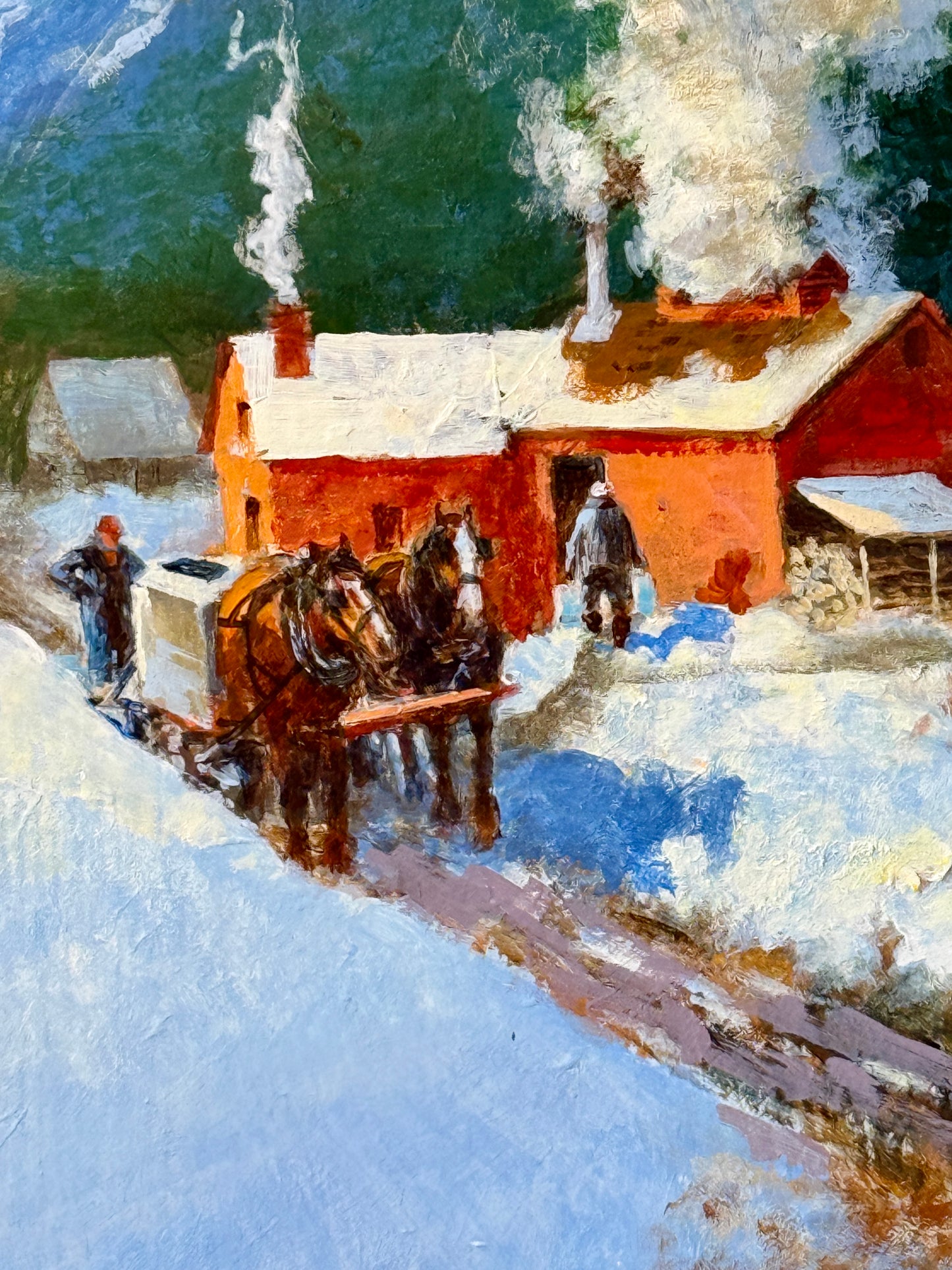 Mel Crawford The Little Red Sugar House Horse Drawn Sled Painting in Gold Frame