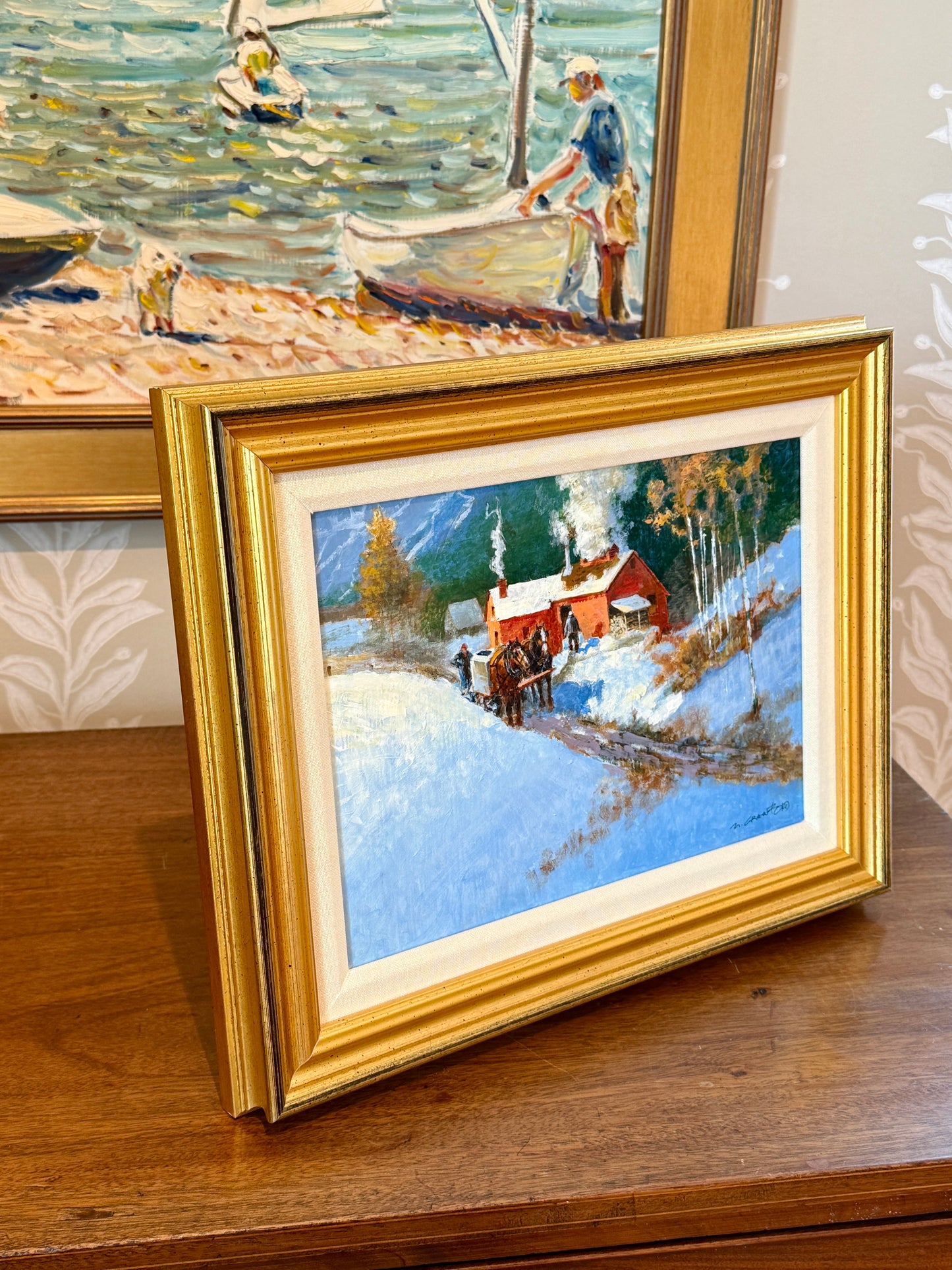 Mel Crawford The Little Red Sugar House Horse Drawn Sled Painting in Gold Frame