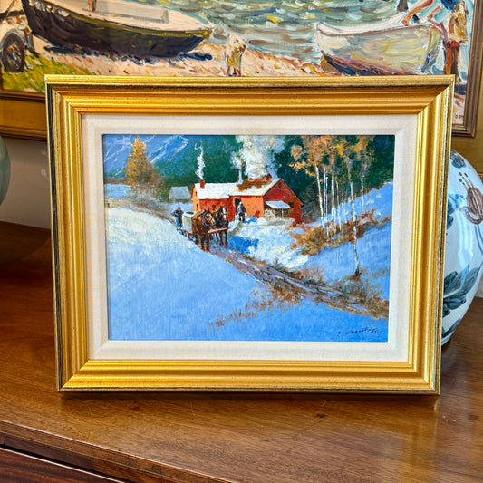 Mel Crawford The Little Red Sugar House Horse Drawn Sled Painting in Gold Frame