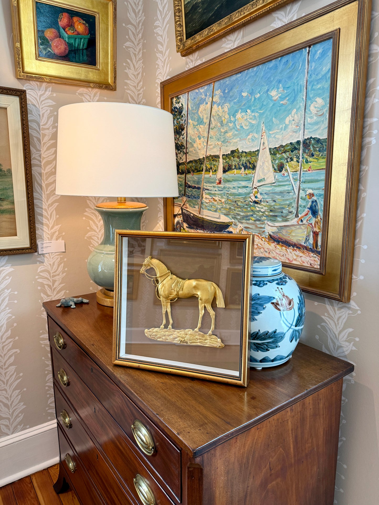 19th Century Antique English Gilt Bronze Ormolu Equine Horse Relief Portrait in Gold Shadowbox