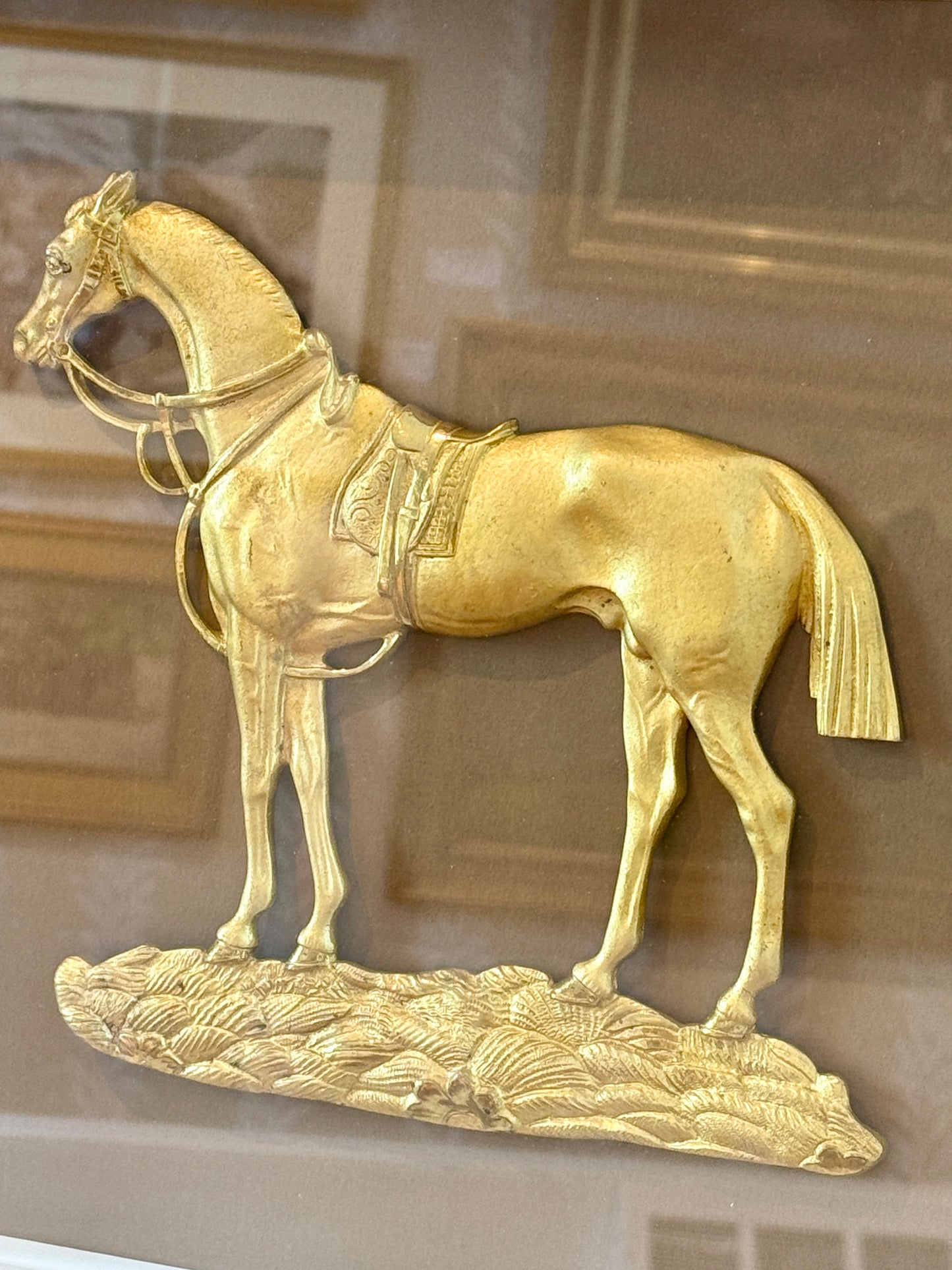 19th Century Antique English Gilt Bronze Ormolu Equine Horse Relief Portrait in Gold Shadowbox